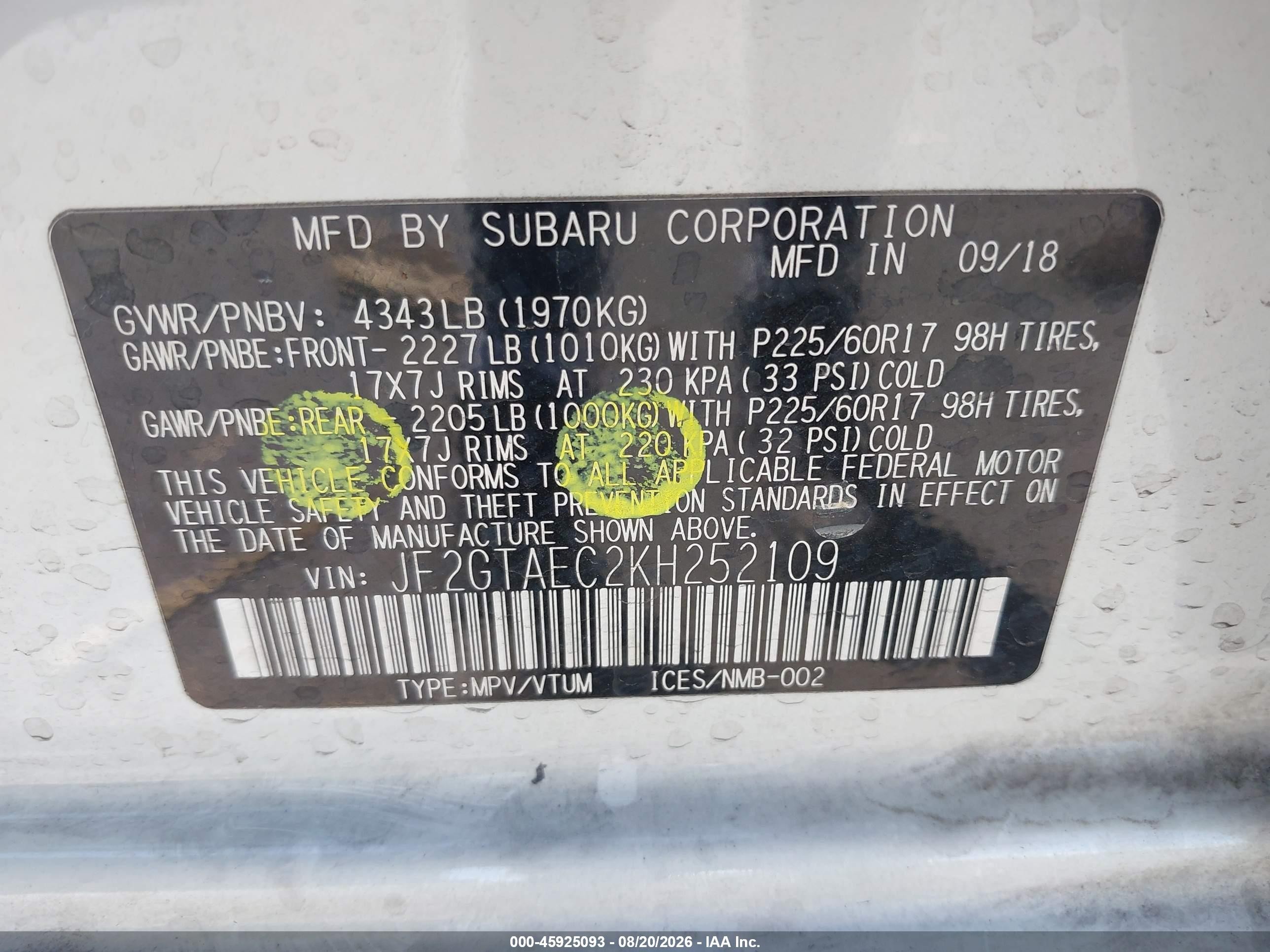 2019 Subaru Crosstrek 2.0i Premium Белый vin: JF2GTAEC2KH252109
