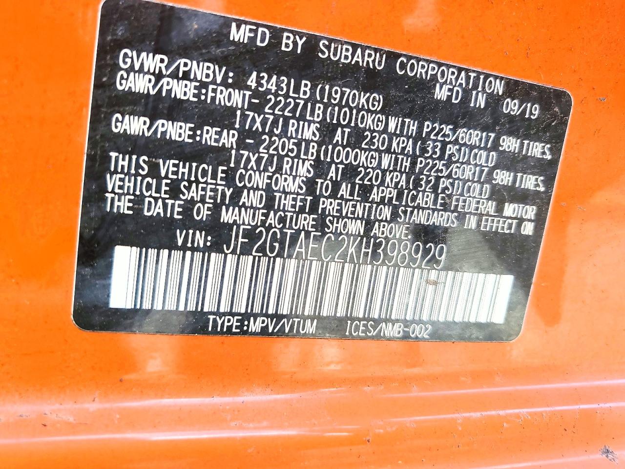 2019 Subaru Crosstrek Premium Orange vin: JF2GTAEC2KH398929