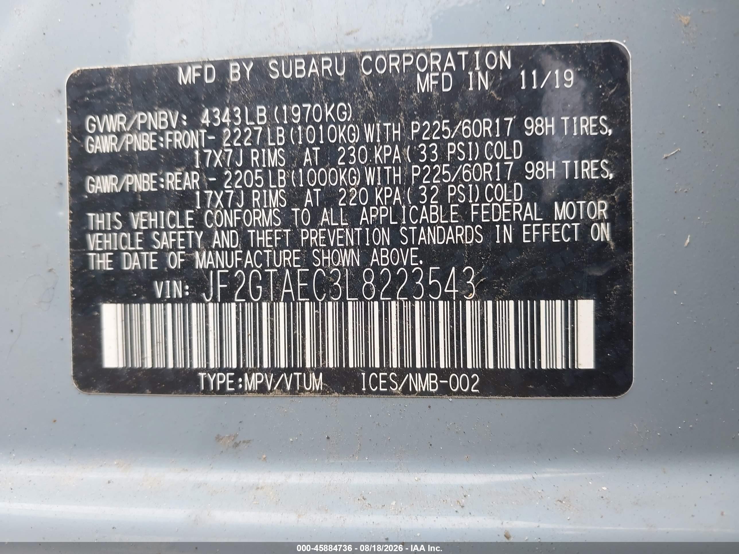 2020 Subaru Crosstrek Premium Light Blue vin: JF2GTAEC3L8223543