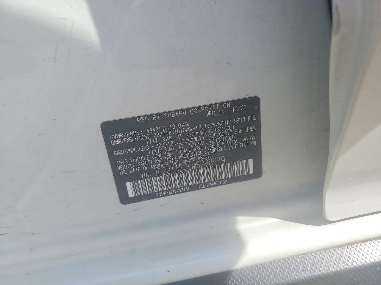 2021 Subaru Crosstrek Premium White vin: JF2GTAEC5M8298939