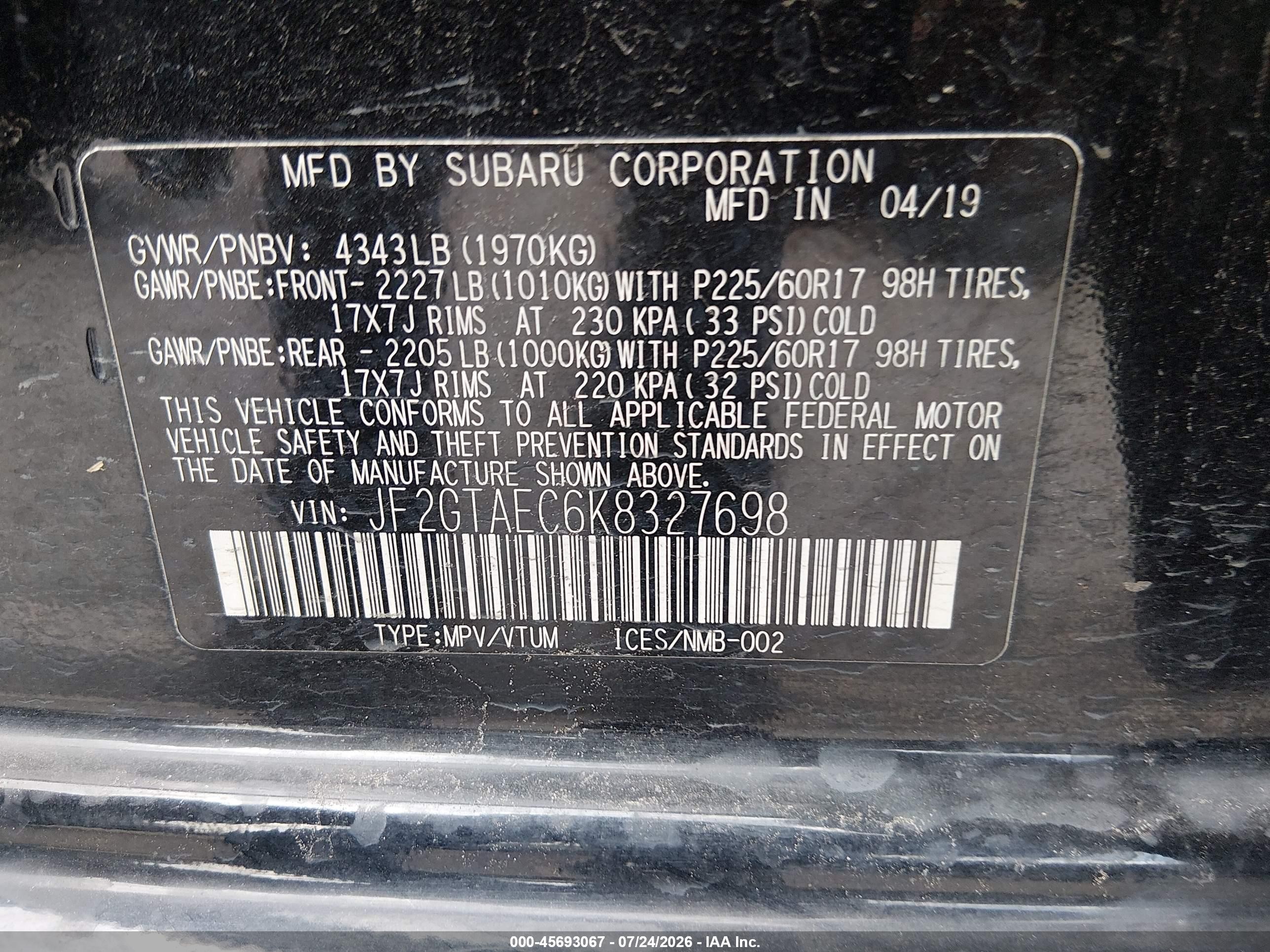2019 Subaru Crosstrek 2.0i Premium Черный vin: JF2GTAEC6K8327698