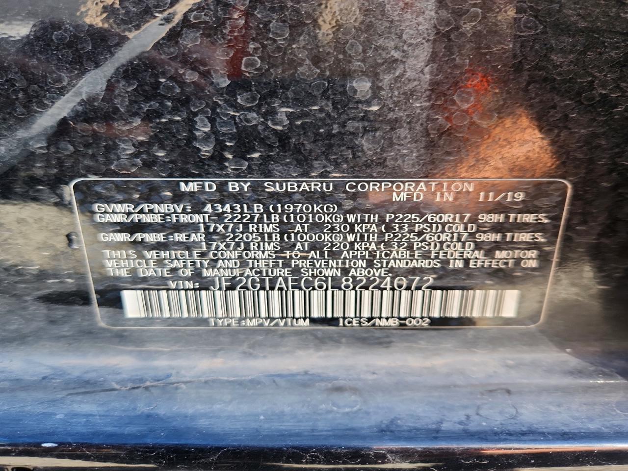 2020 Subaru Crosstrek Premium Black vin: JF2GTAEC6L8224072