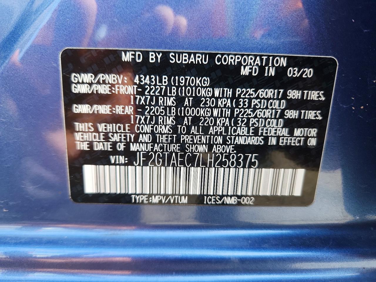 2020 Subaru Crosstrek Premium Blue vin: JF2GTAEC7LH258375