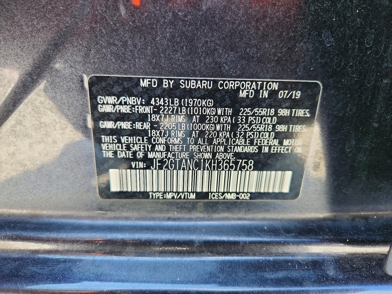 2019 Subaru Crosstrek Limited Charcoal vin: JF2GTANC1KH365758