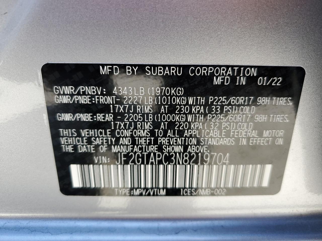 2022 Subaru Crosstrek Premium Silver vin: JF2GTAPC3N8219704