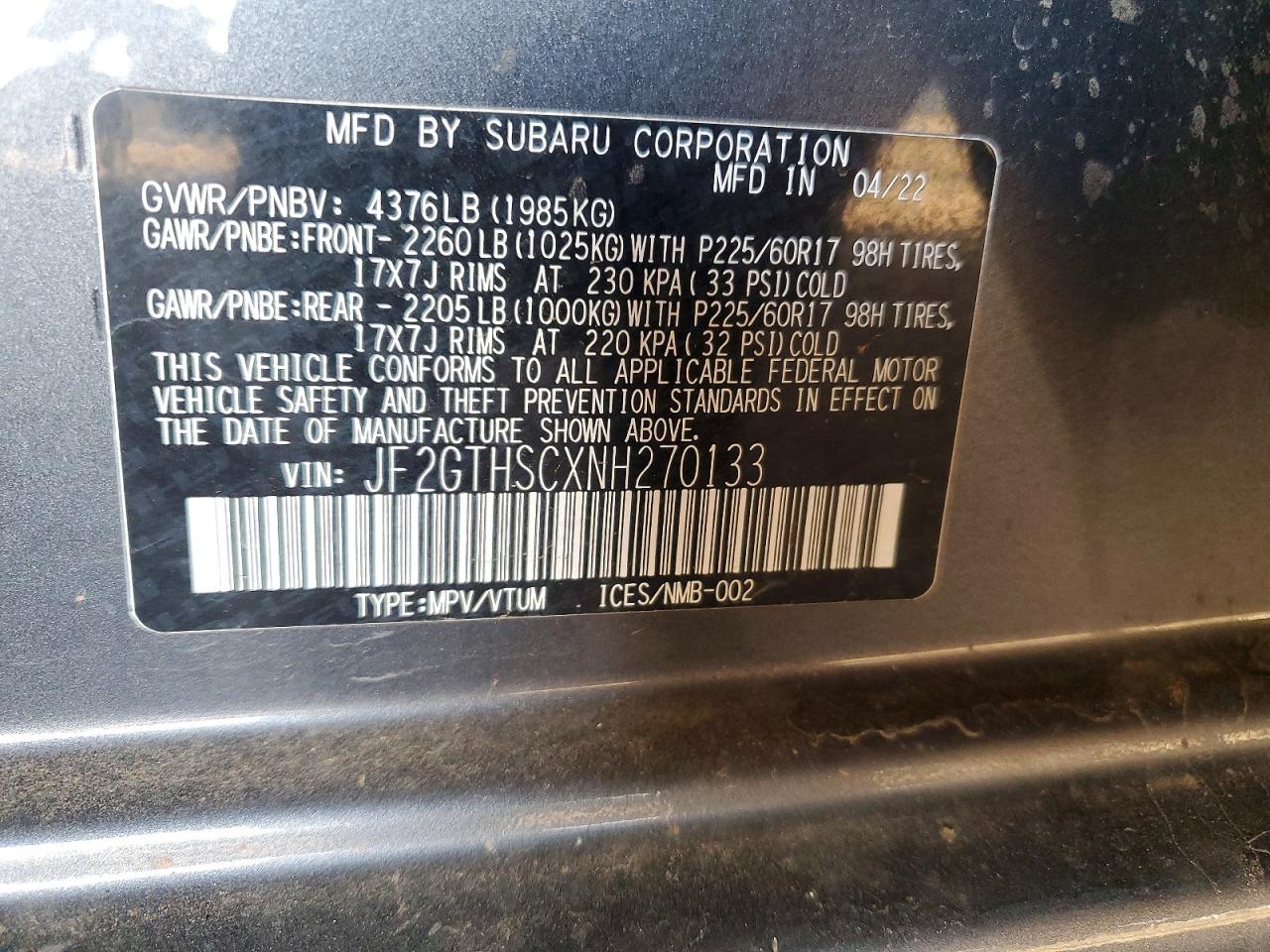 2022 Subaru Crosstrek Sport Charcoal vin: JF2GTHSCXNH270133