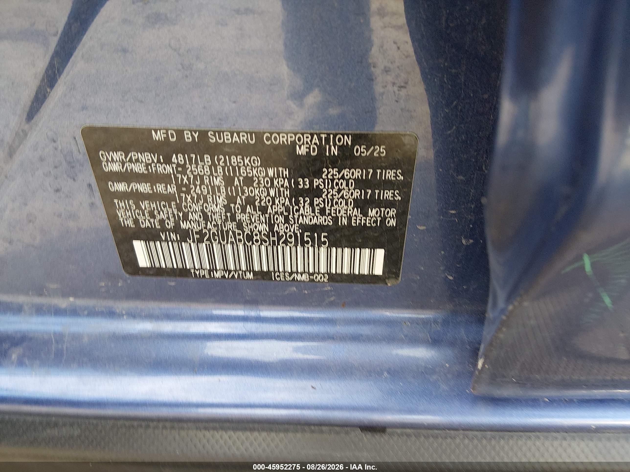 2025 Subaru Crosstrek   Blue vin: JF2GUABC8SH291515