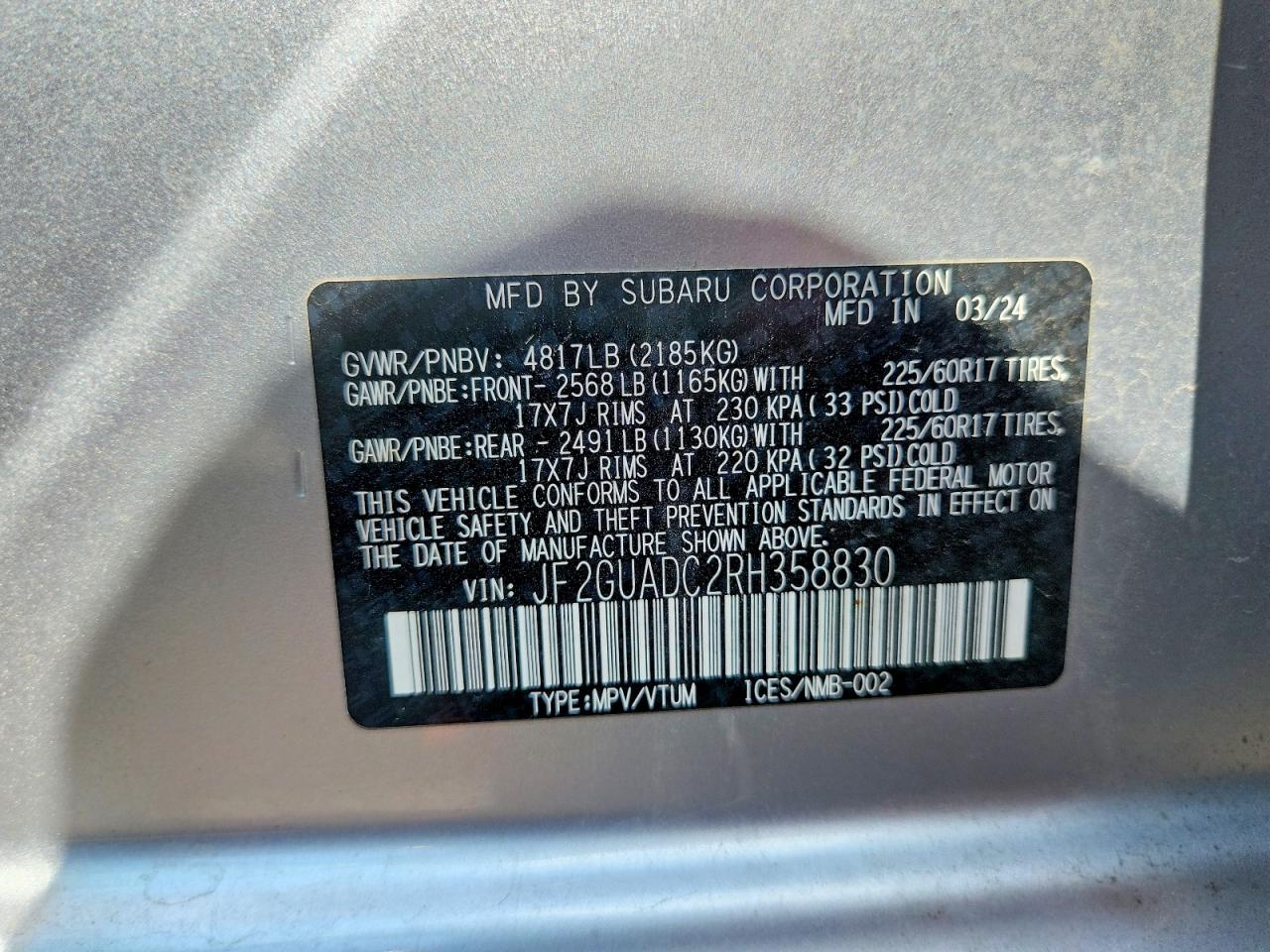 2024 Subaru Crosstrek Premium Silver vin: JF2GUADC2RH358830