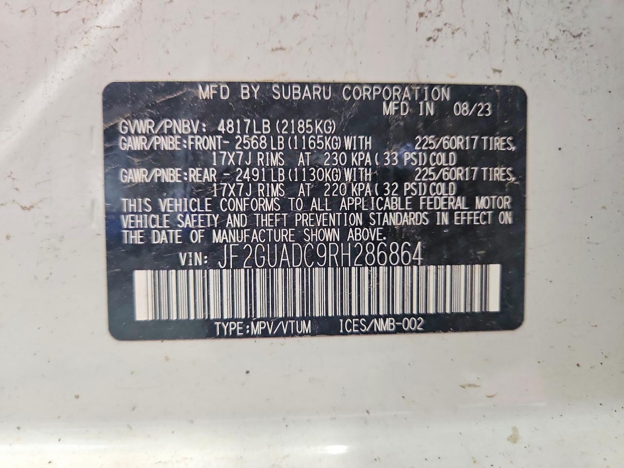 2024 Subaru Crosstrek Premium White vin: JF2GUADC9RH286864