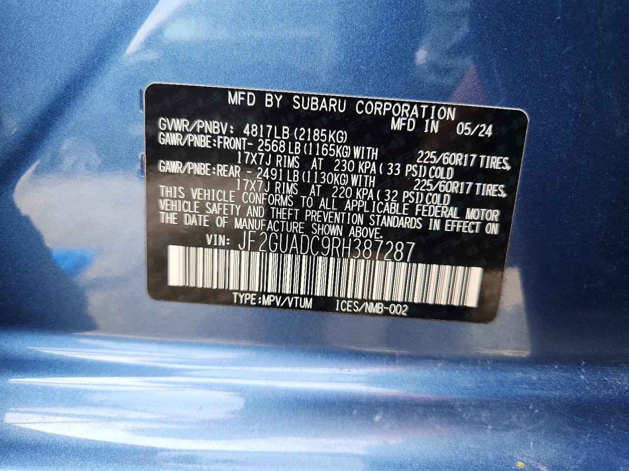 2024 Subaru Crosstrek Premium Blue vin: JF2GUADC9RH387287