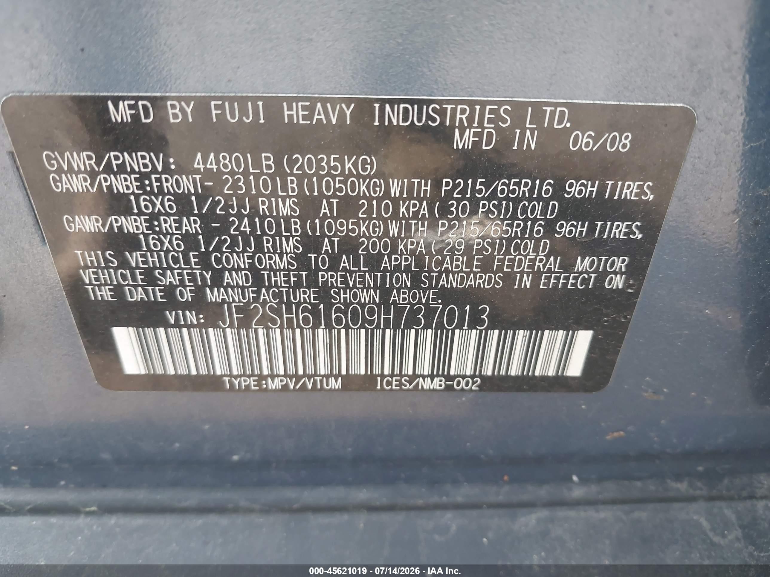 2009 Subaru Forester 2.5x Blue vin: JF2SH61609H737013