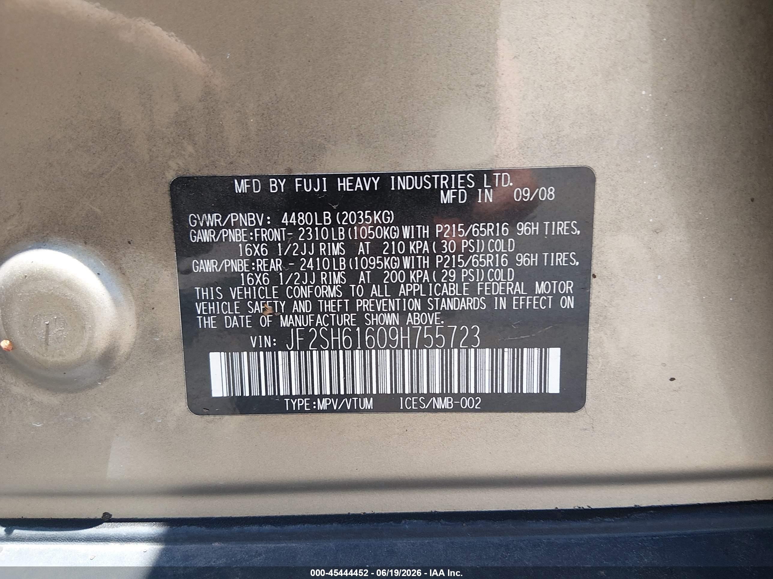 2009 Subaru Forester 2.5x Gold vin: JF2SH61609H755723