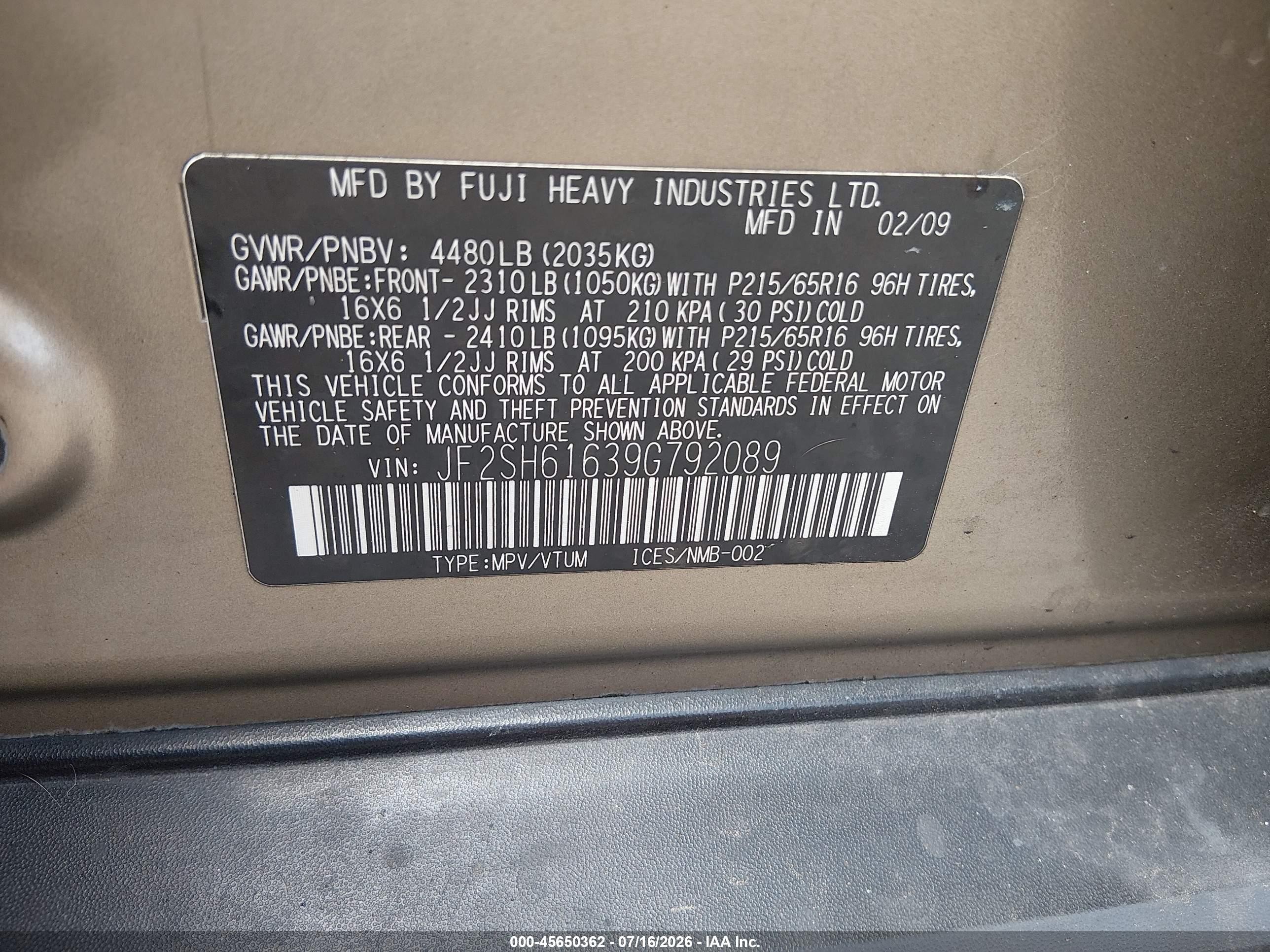 2009 Subaru Forester 2.5x Champagne vin: JF2SH61639G792089