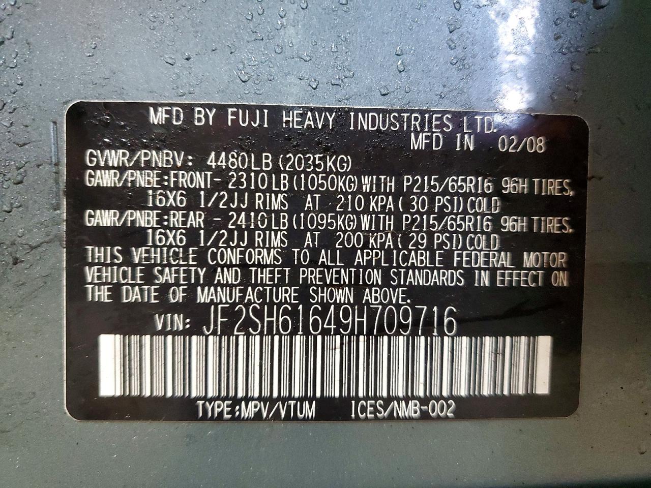 2009 Subaru Forester 2.5x Teal vin: JF2SH61649H709716