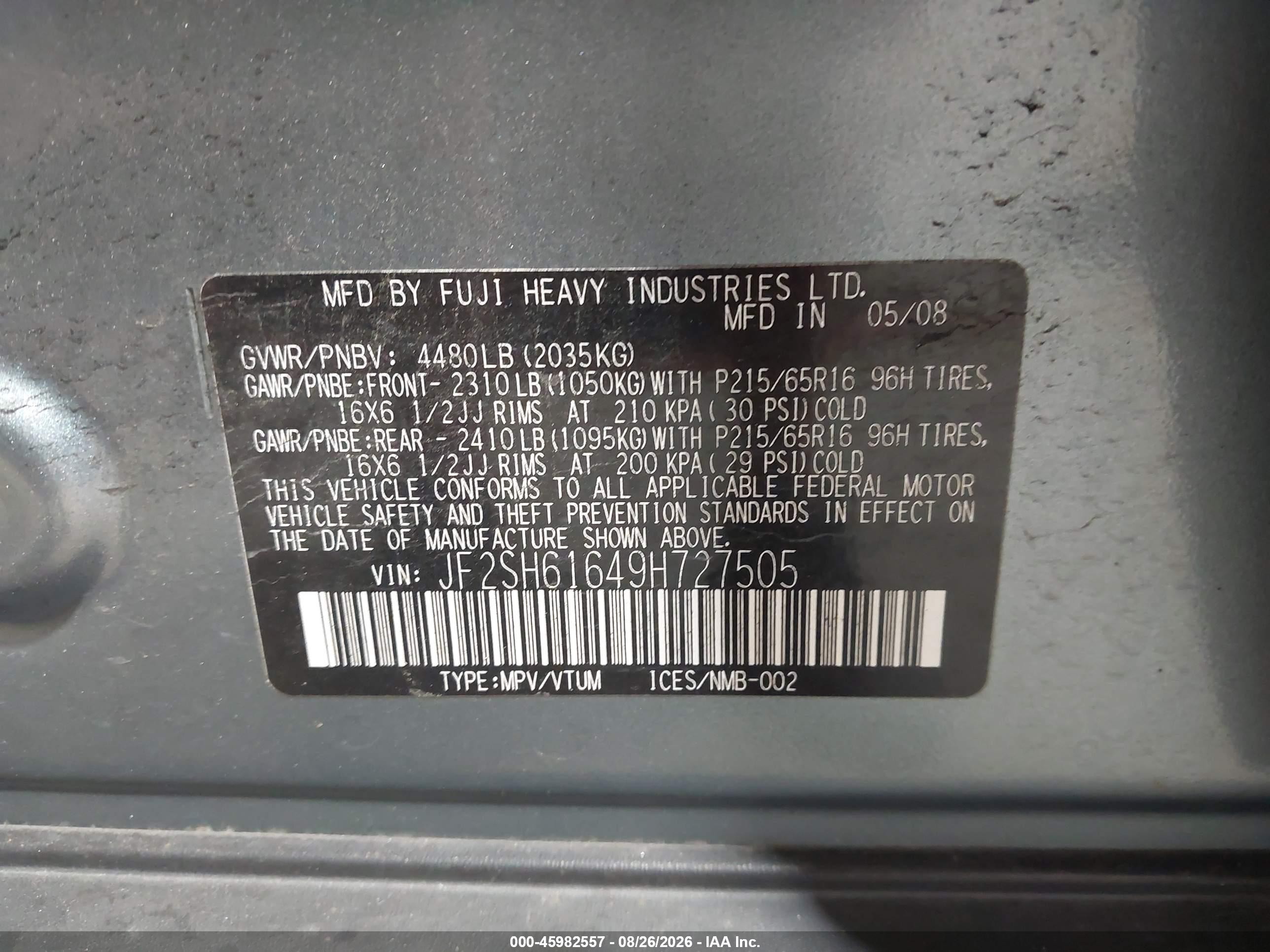 2009 Subaru Forester 2.5x Green vin: JF2SH61649H727505