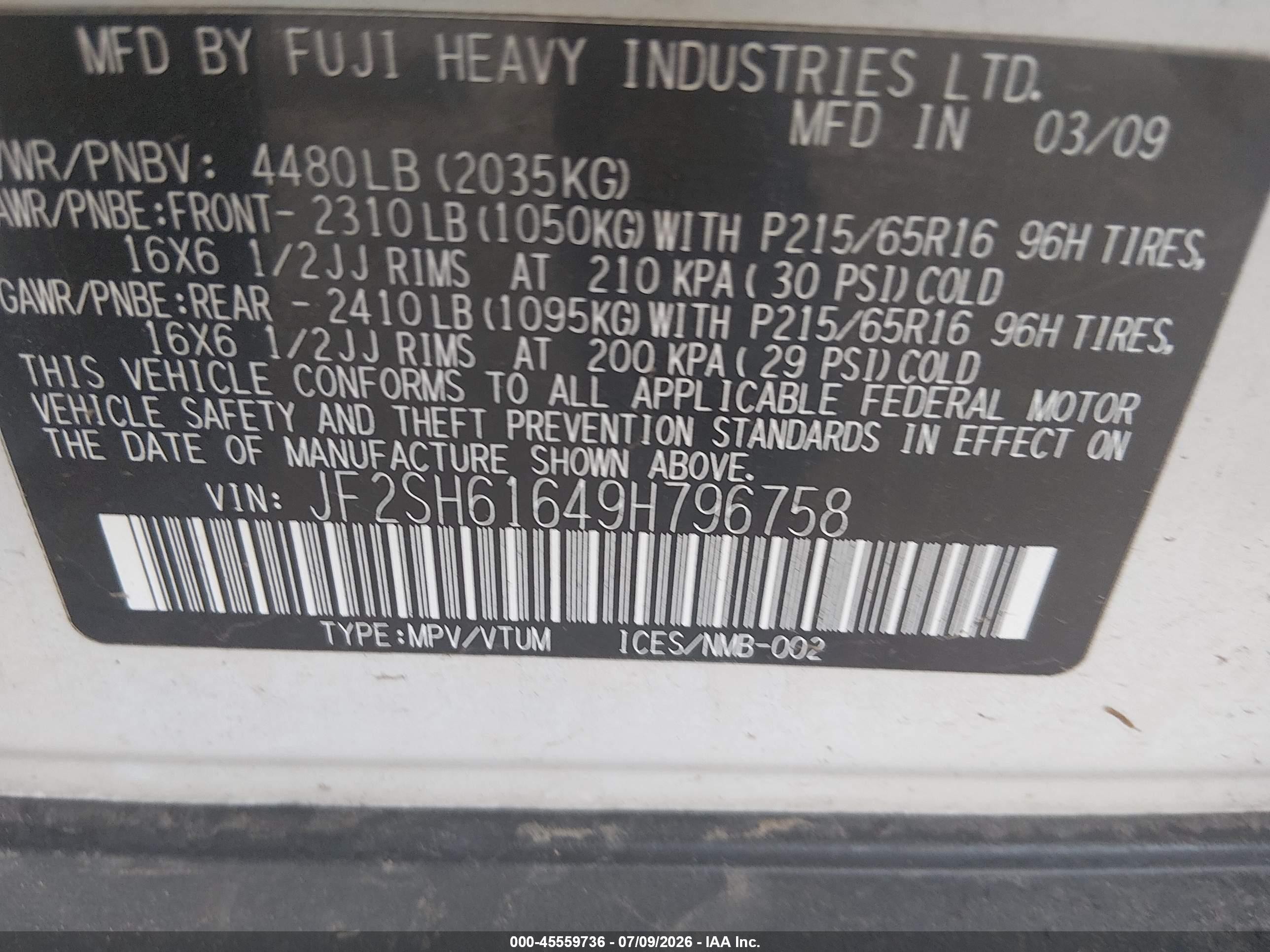 2009 Subaru Forester 2.5x White vin: JF2SH61649H796758