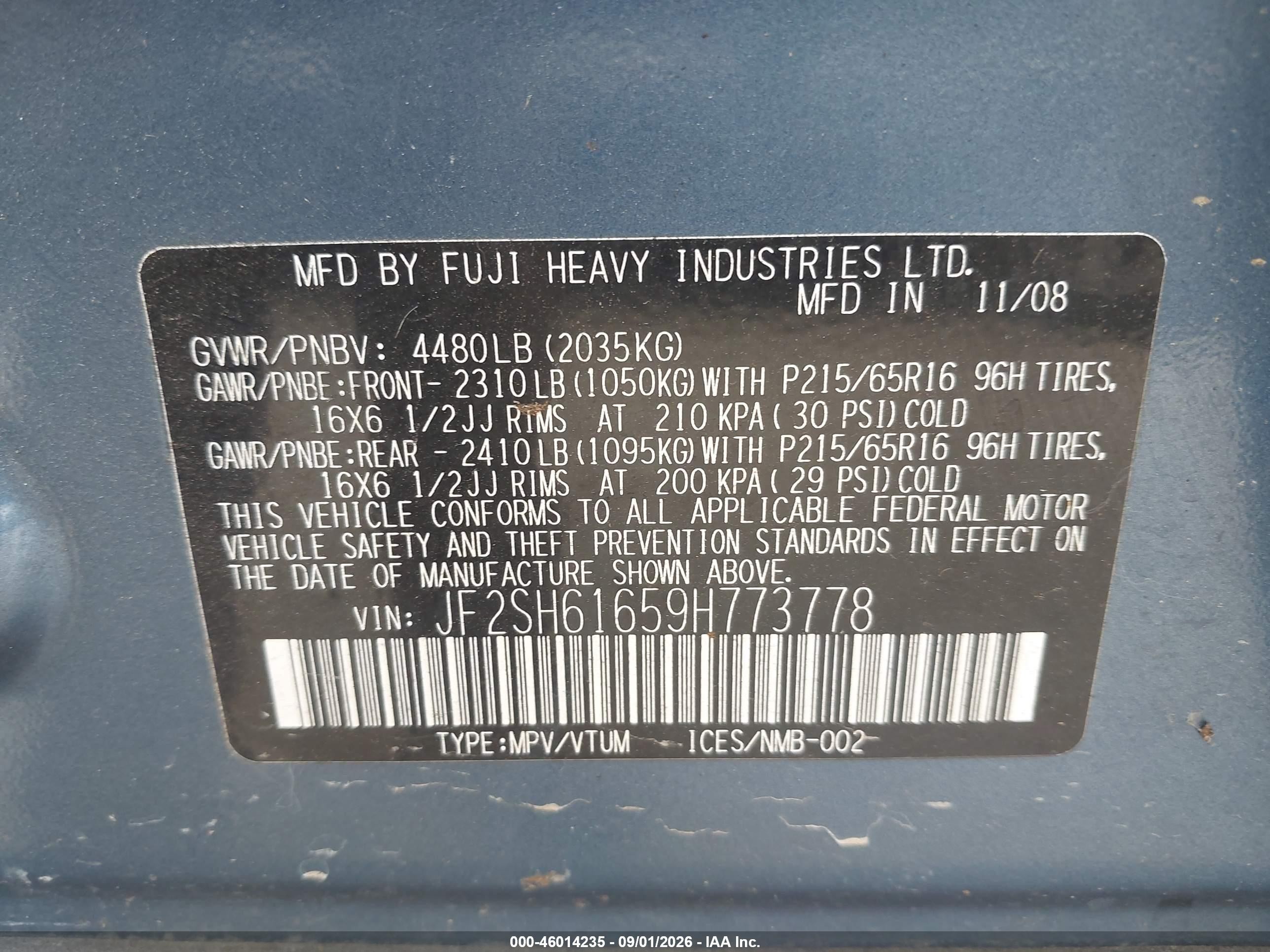 2009 Subaru Forester 2.5x Blue vin: JF2SH61659H773778
