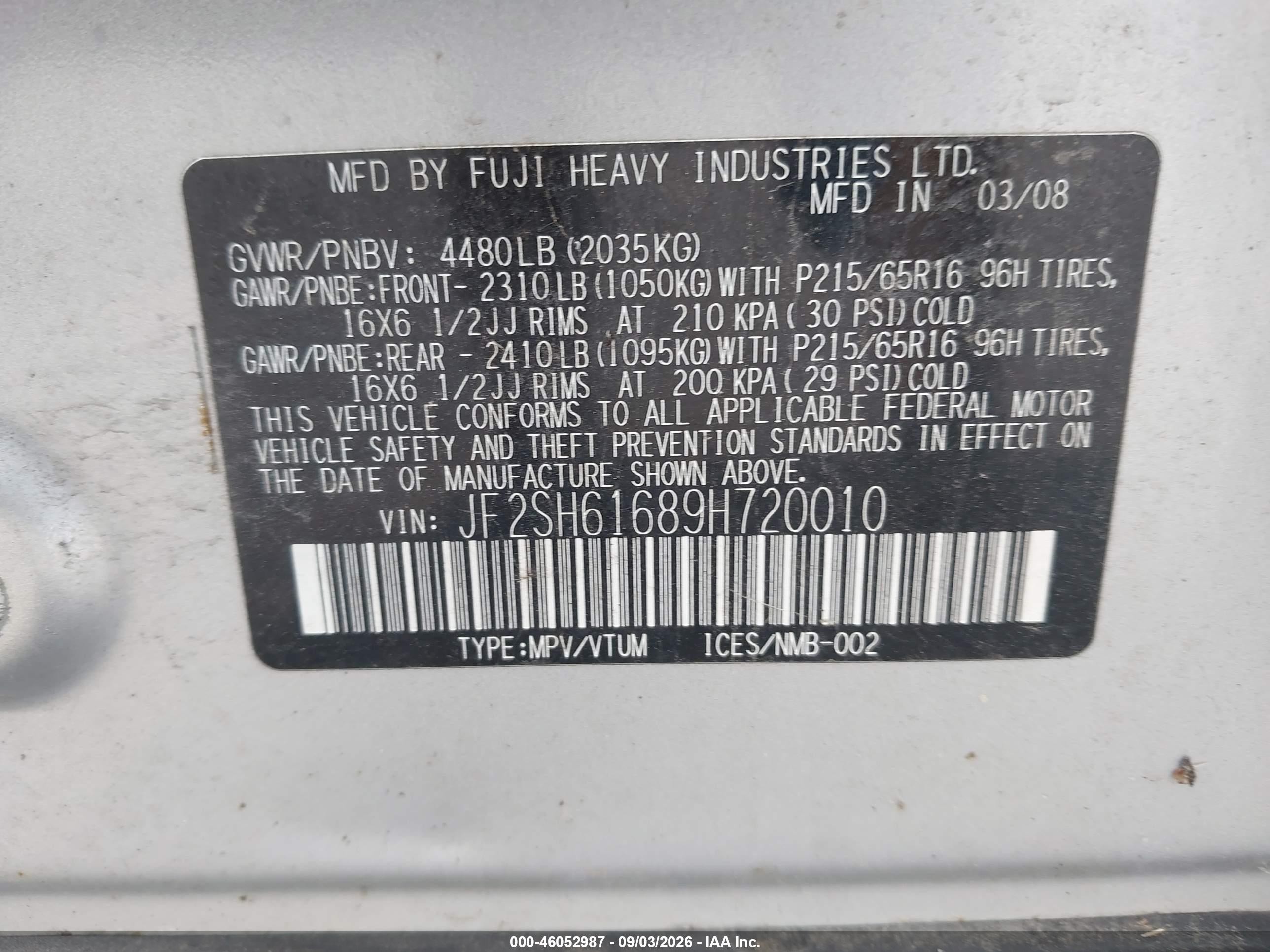 2009 Subaru Forester 2.5x Silver vin: JF2SH61689H720010