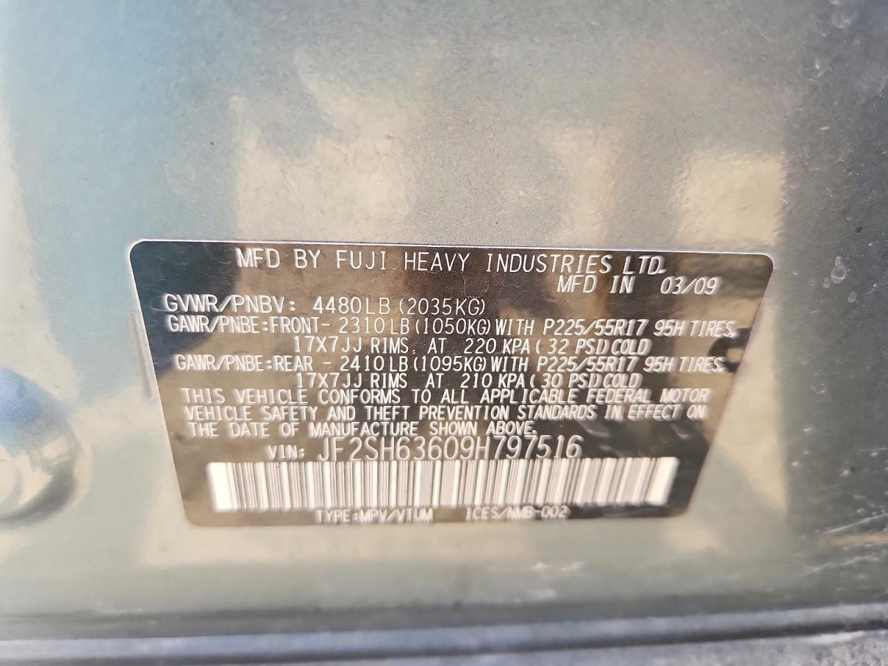 2009 Subaru Forester 2.5x Premium Бирюзовый vin: JF2SH63609H797516