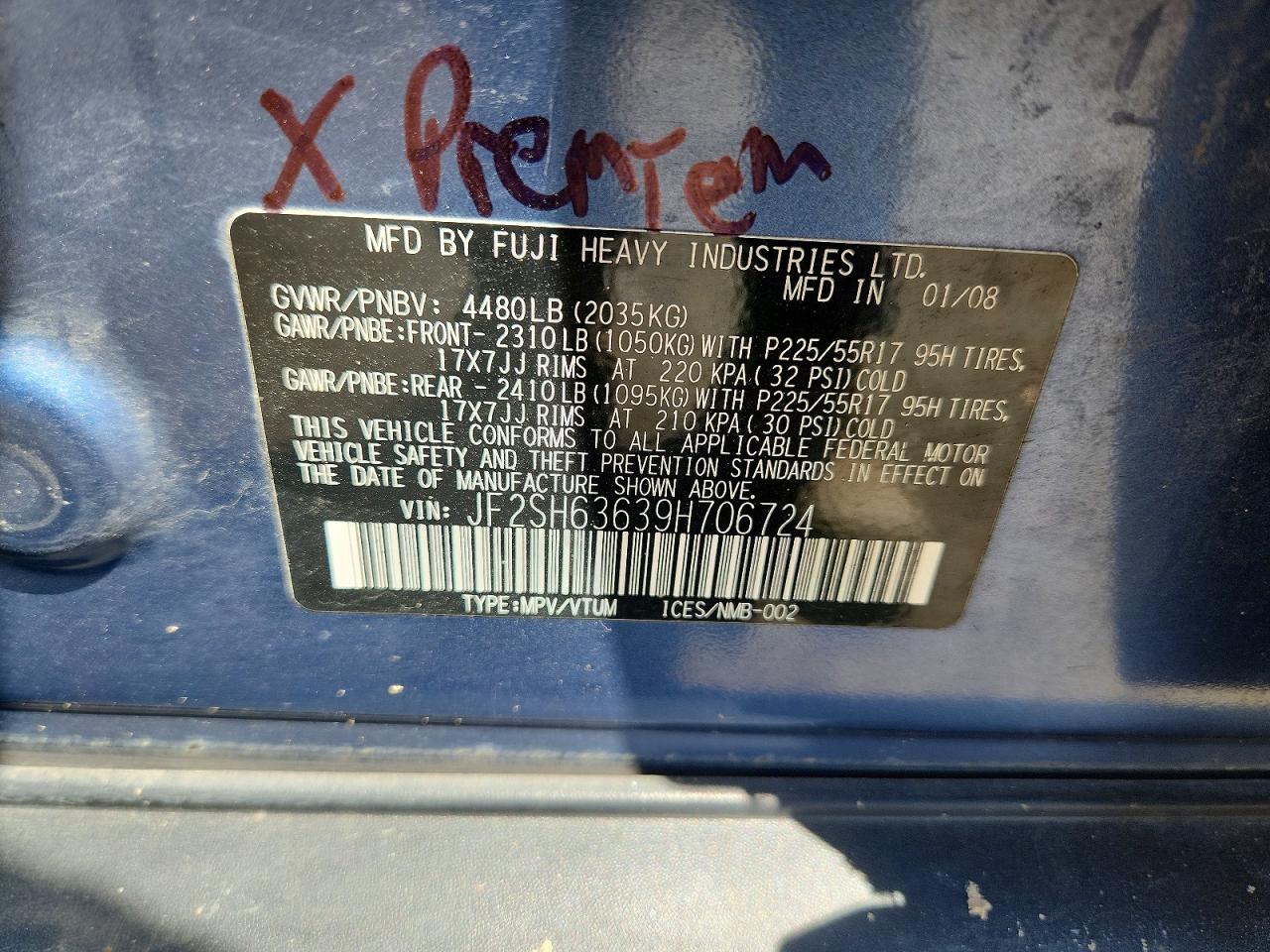 2009 Subaru Forester 2.5x Premium Blue vin: JF2SH63639H706724