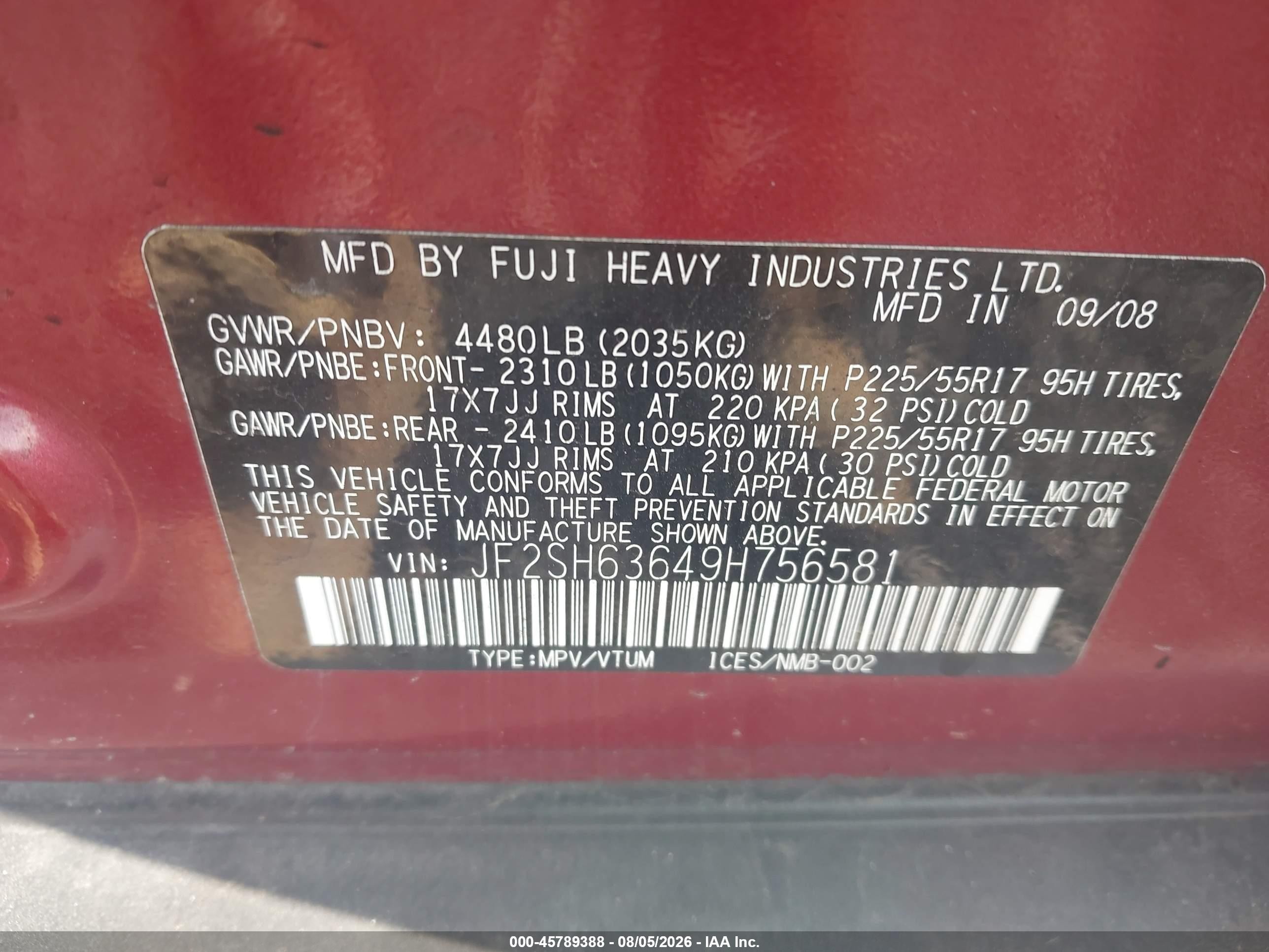 2009 Subaru Forester 2.5x Красный vin: JF2SH63649H756581