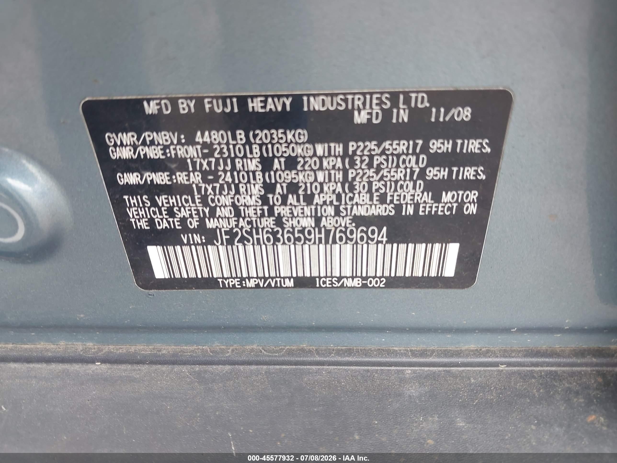 2009 Subaru Forester 2.5x Green vin: JF2SH63659H769694
