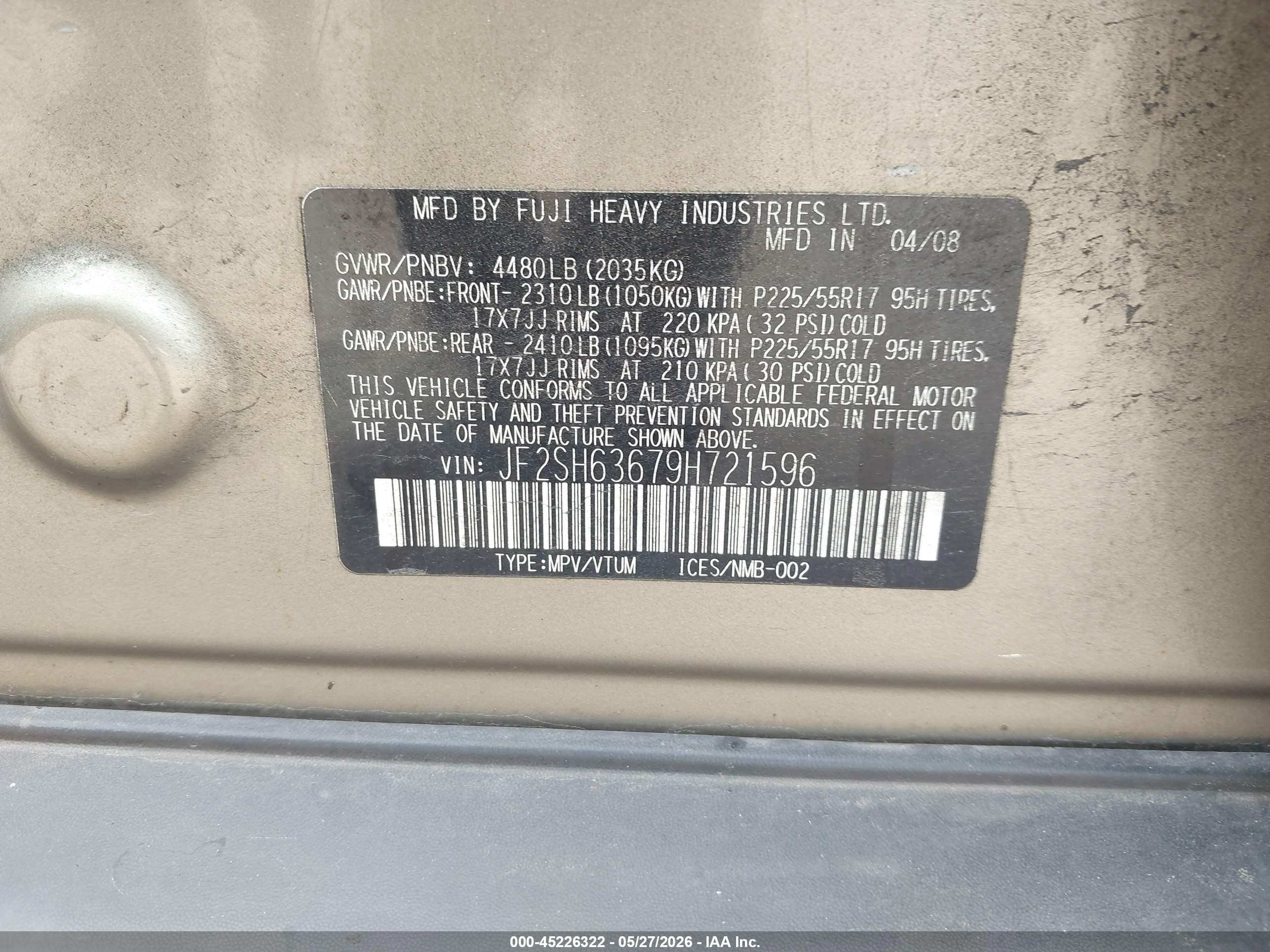 2009 Subaru Forester 2.5x Gold vin: JF2SH63679H721596