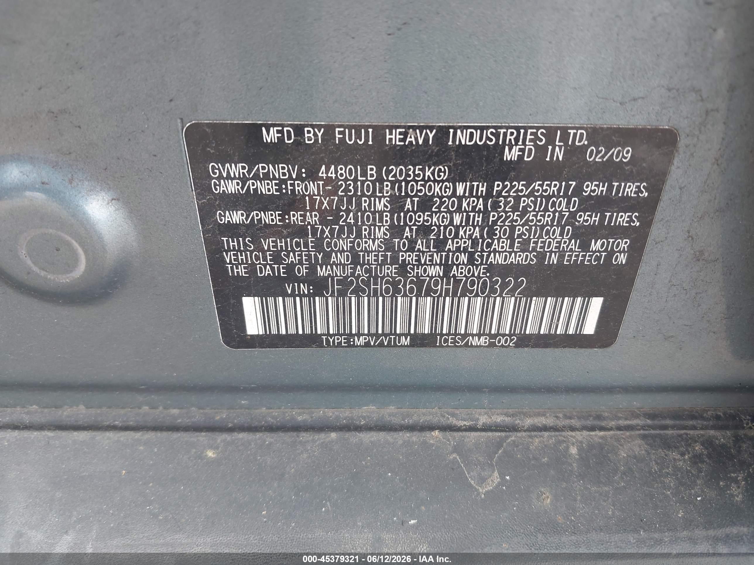 2009 Subaru Forester 2.5x Green vin: JF2SH63679H790322