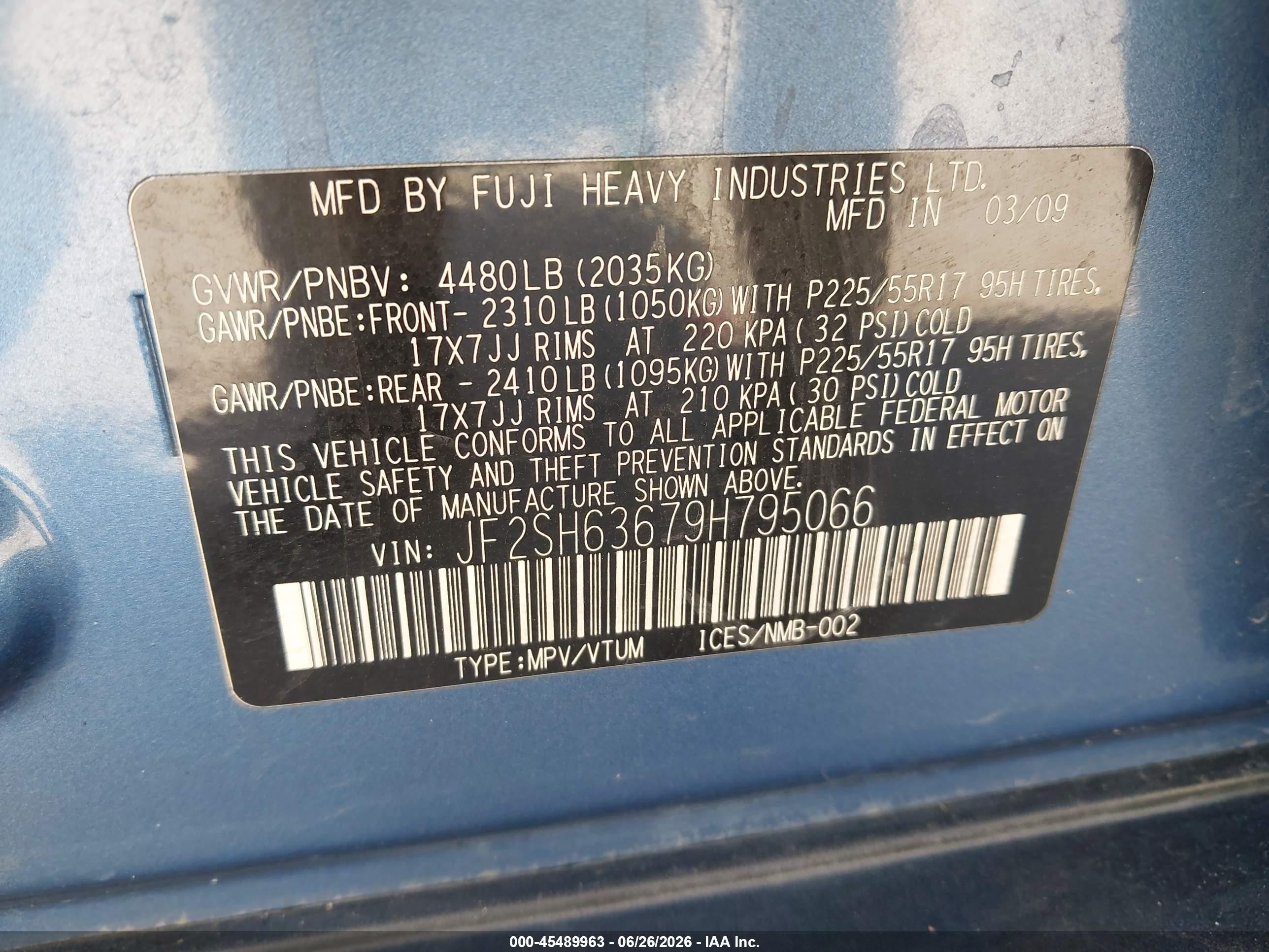2009 Subaru Forester 2.5x Blue vin: JF2SH63679H795066