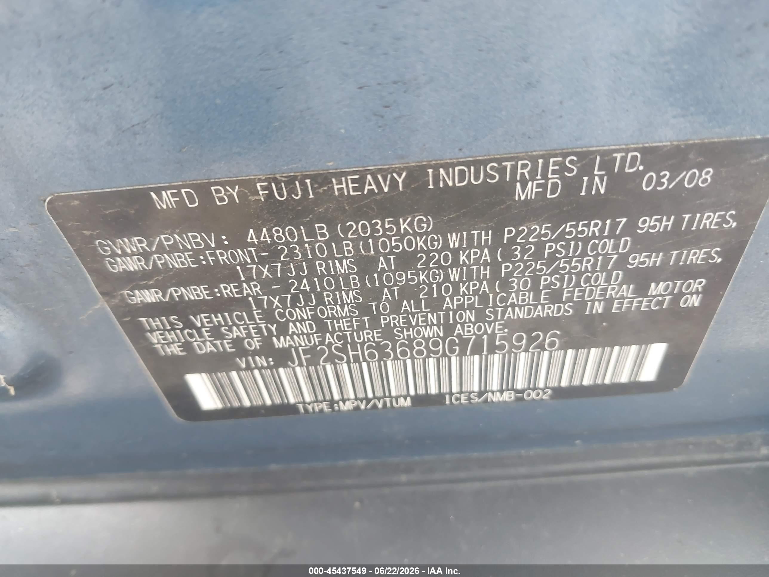 2009 Subaru Forester 2.5x Blue vin: JF2SH63689G715926