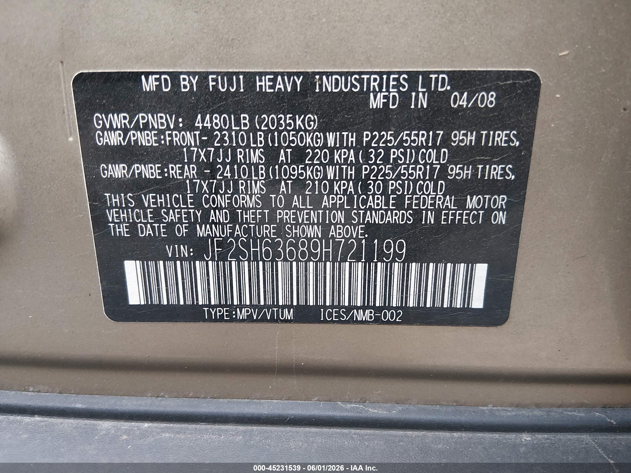 2009 Subaru Forester 2.5x Gold vin: JF2SH63689H721199