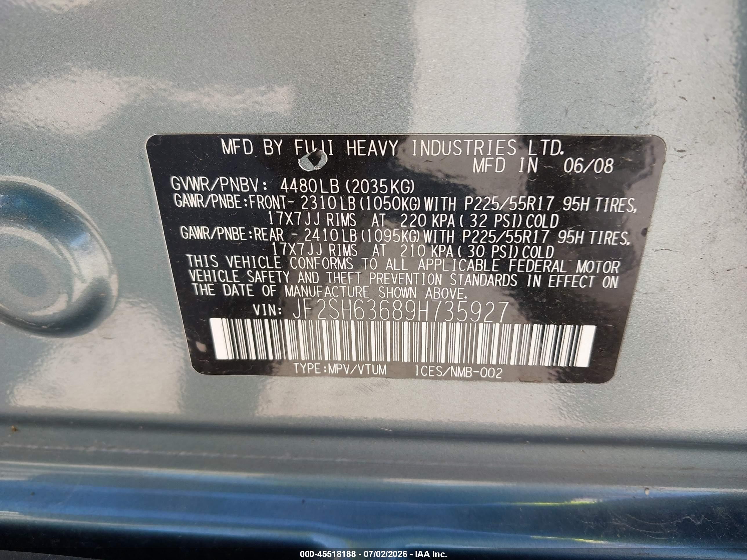 2009 Subaru Forester 2.5x Blue vin: JF2SH63689H735927