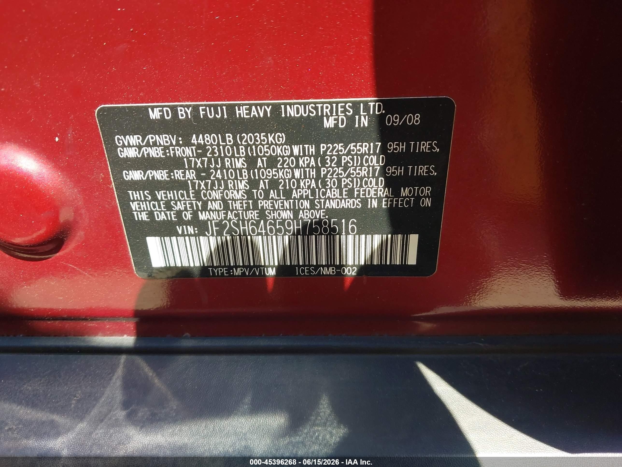 2009 Subaru Forester 2.5x Limited Red vin: JF2SH64659H758516