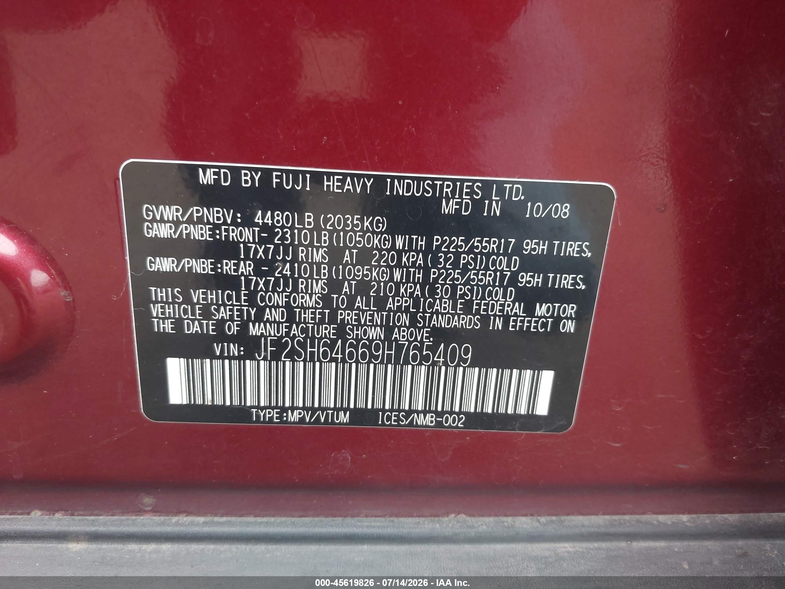 2009 Subaru Forester 2.5x Limited Red vin: JF2SH64669H765409