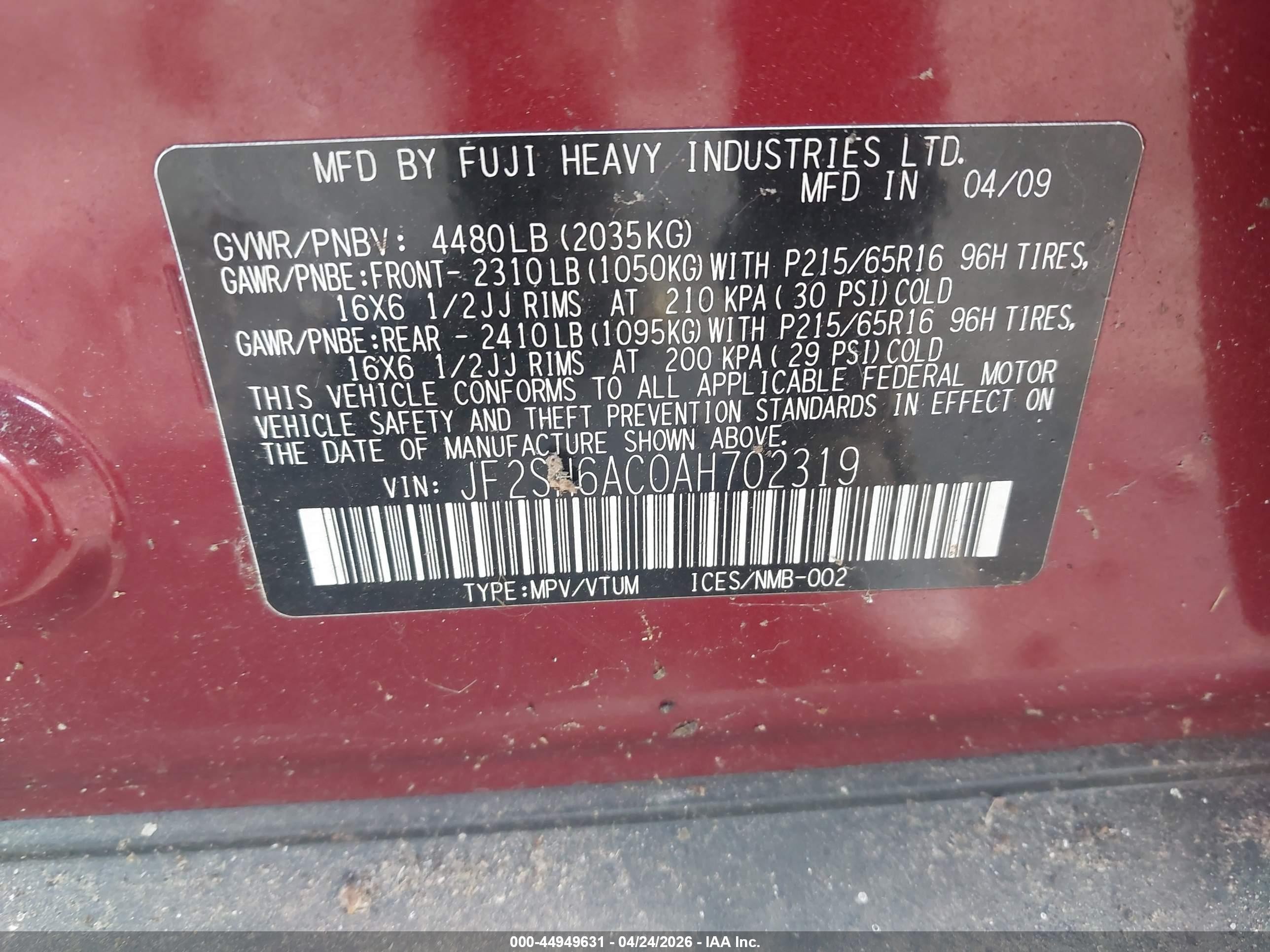 2010 Subaru Forester 2.5x Red vin: JF2SH6AC0AH702319