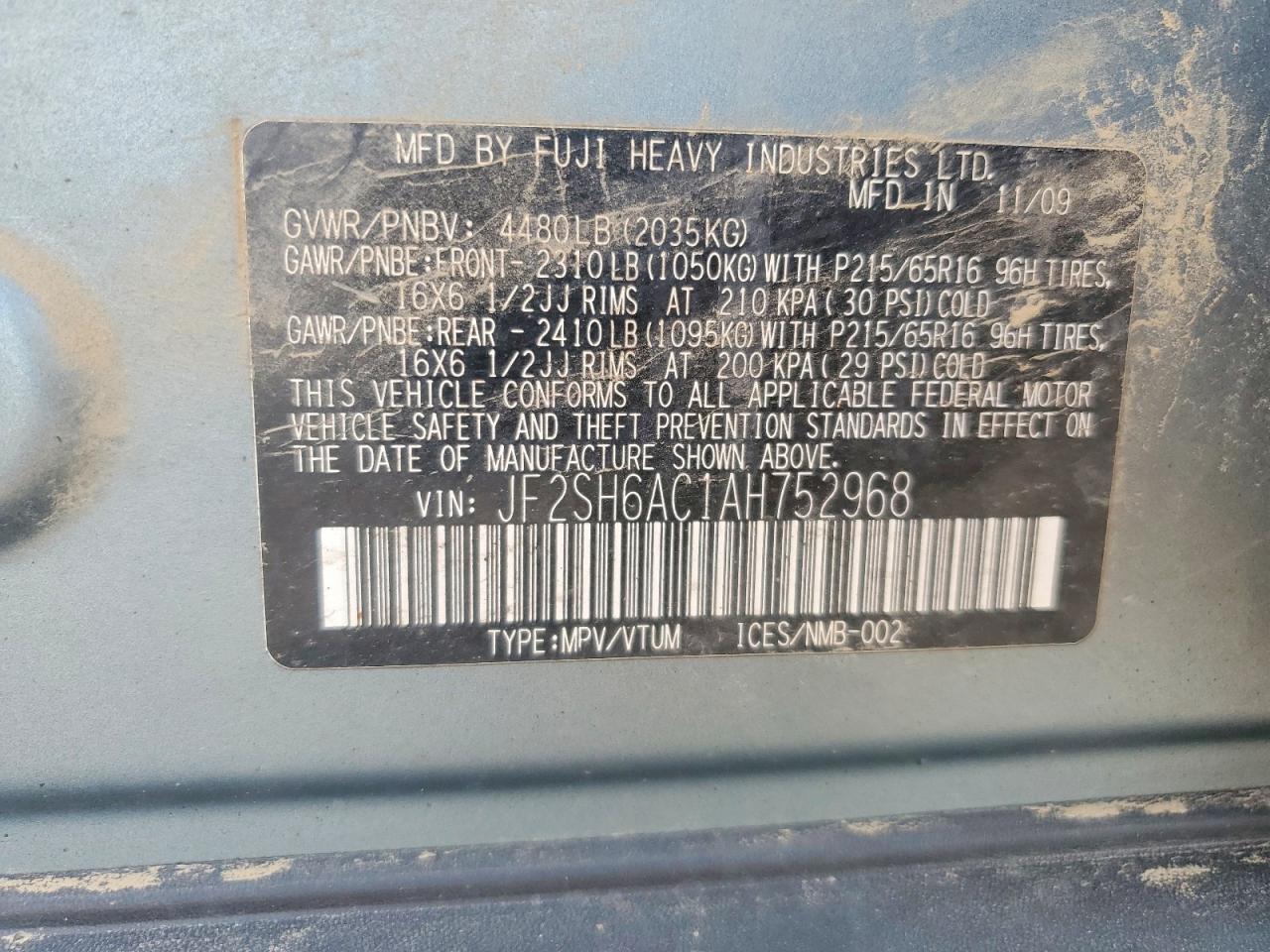 2010 Subaru Forester 2.5x Blue vin: JF2SH6AC1AH752968