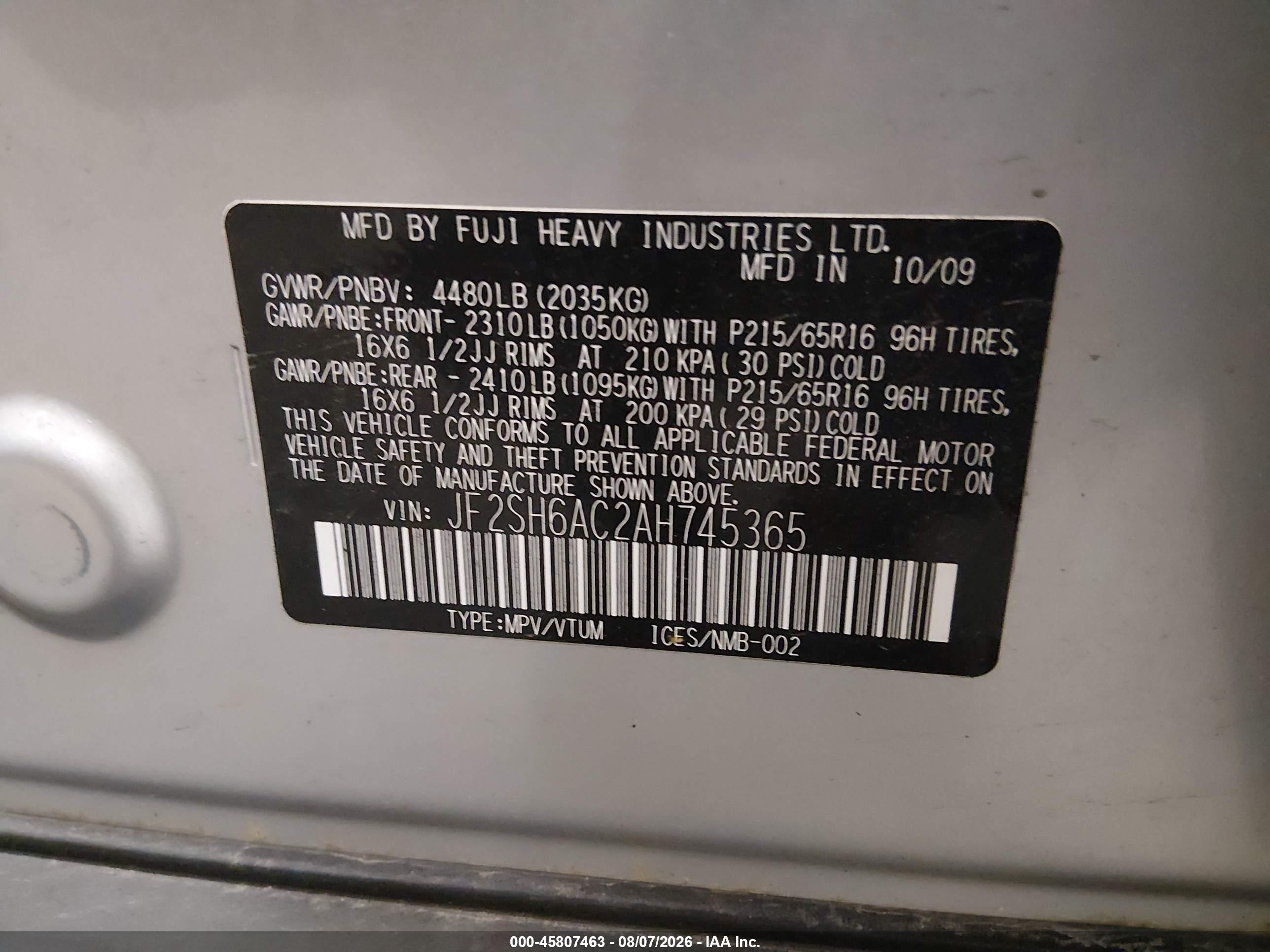 2010 Subaru Forester 2.5x Silver vin: JF2SH6AC2AH745365