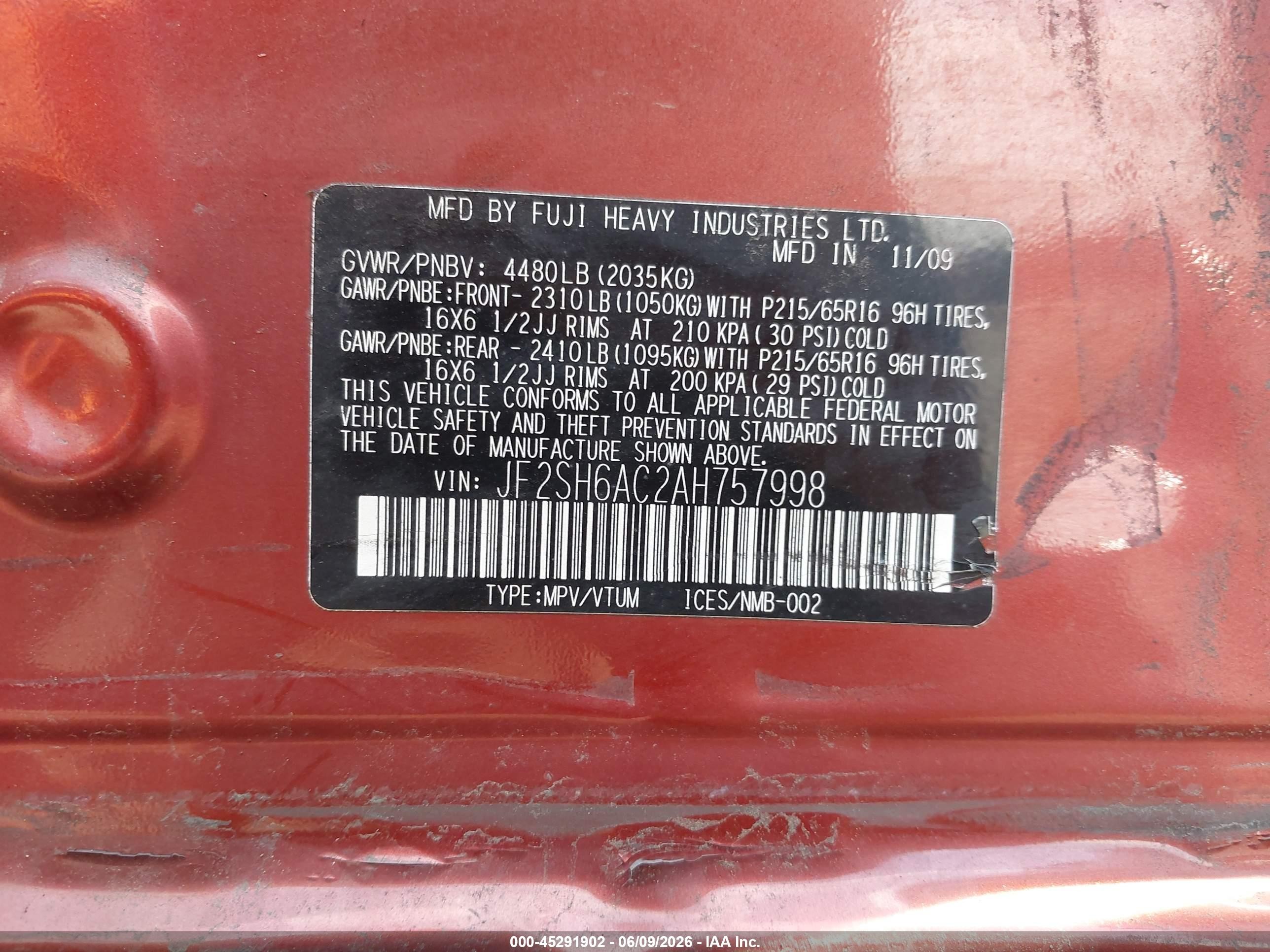 2010 Subaru Forester 2.5x Красный vin: JF2SH6AC2AH757998
