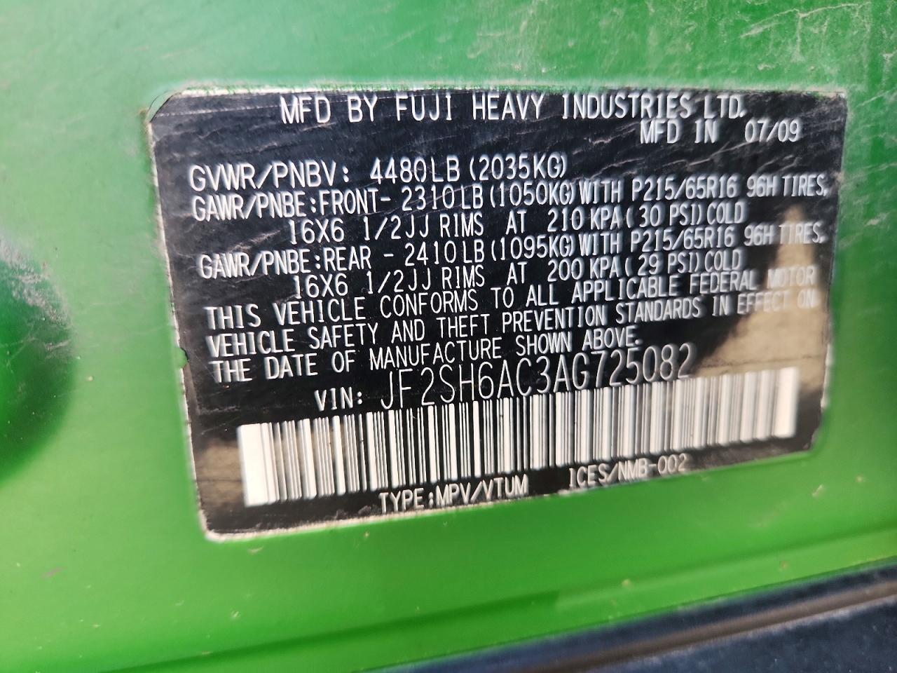 2010 Subaru Forester 2.5x Green vin: JF2SH6AC3AG725082