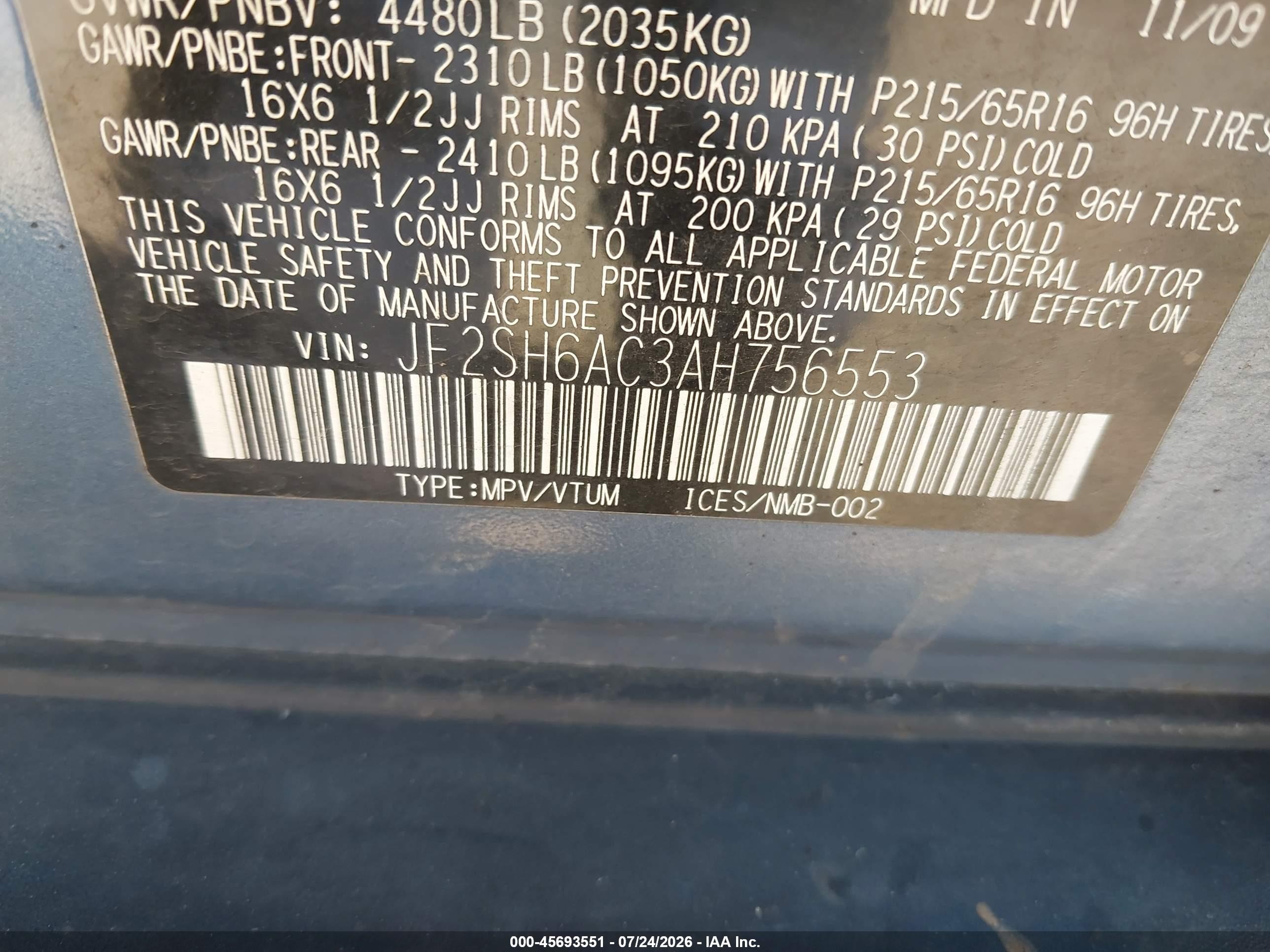 2010 Subaru Forester 2.5x Blue vin: JF2SH6AC3AH756553