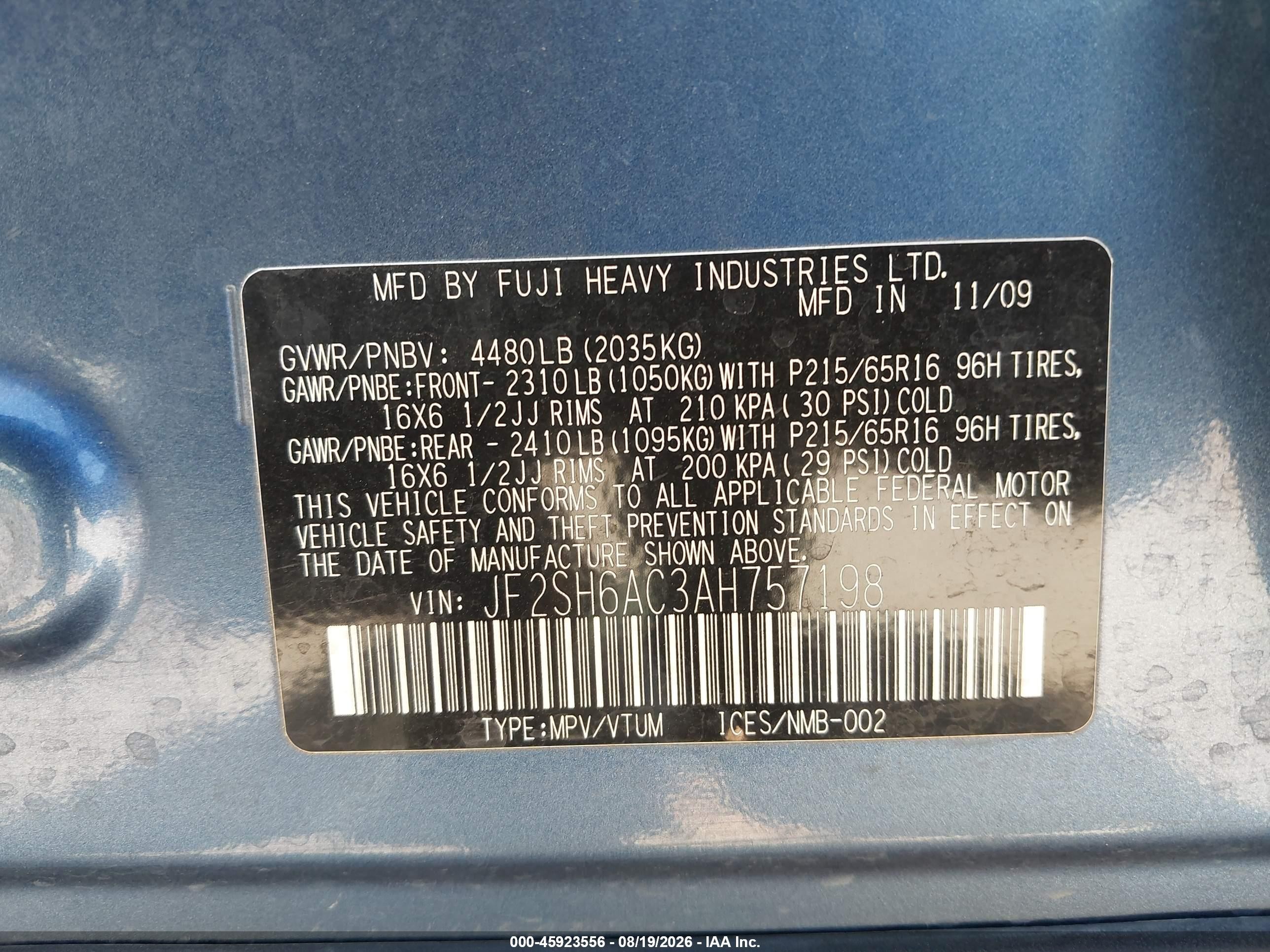 2010 Subaru Forester 2.5x Blue vin: JF2SH6AC3AH757198