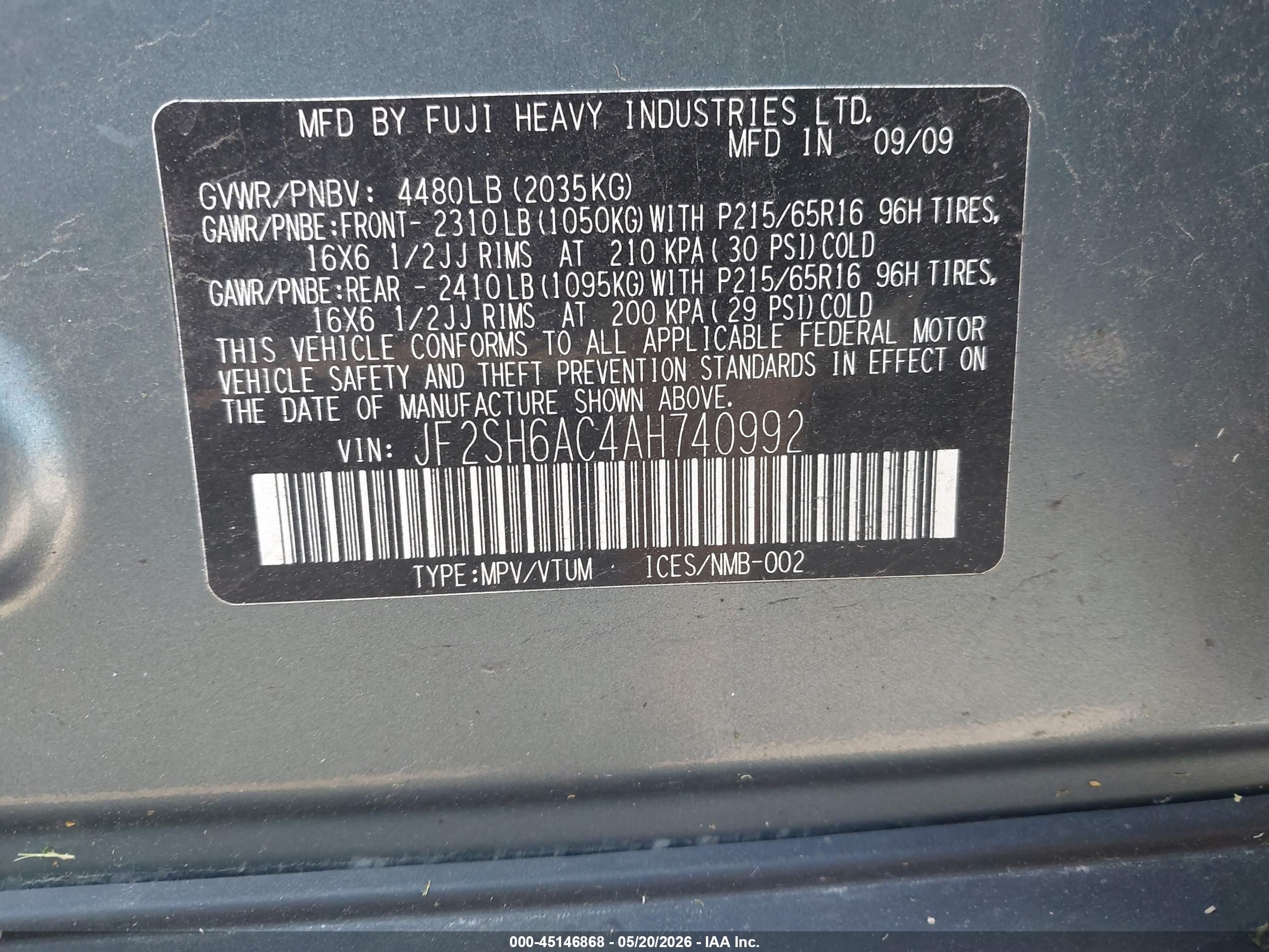 2010 Subaru Forester 2.5x Teal vin: JF2SH6AC4AH740992