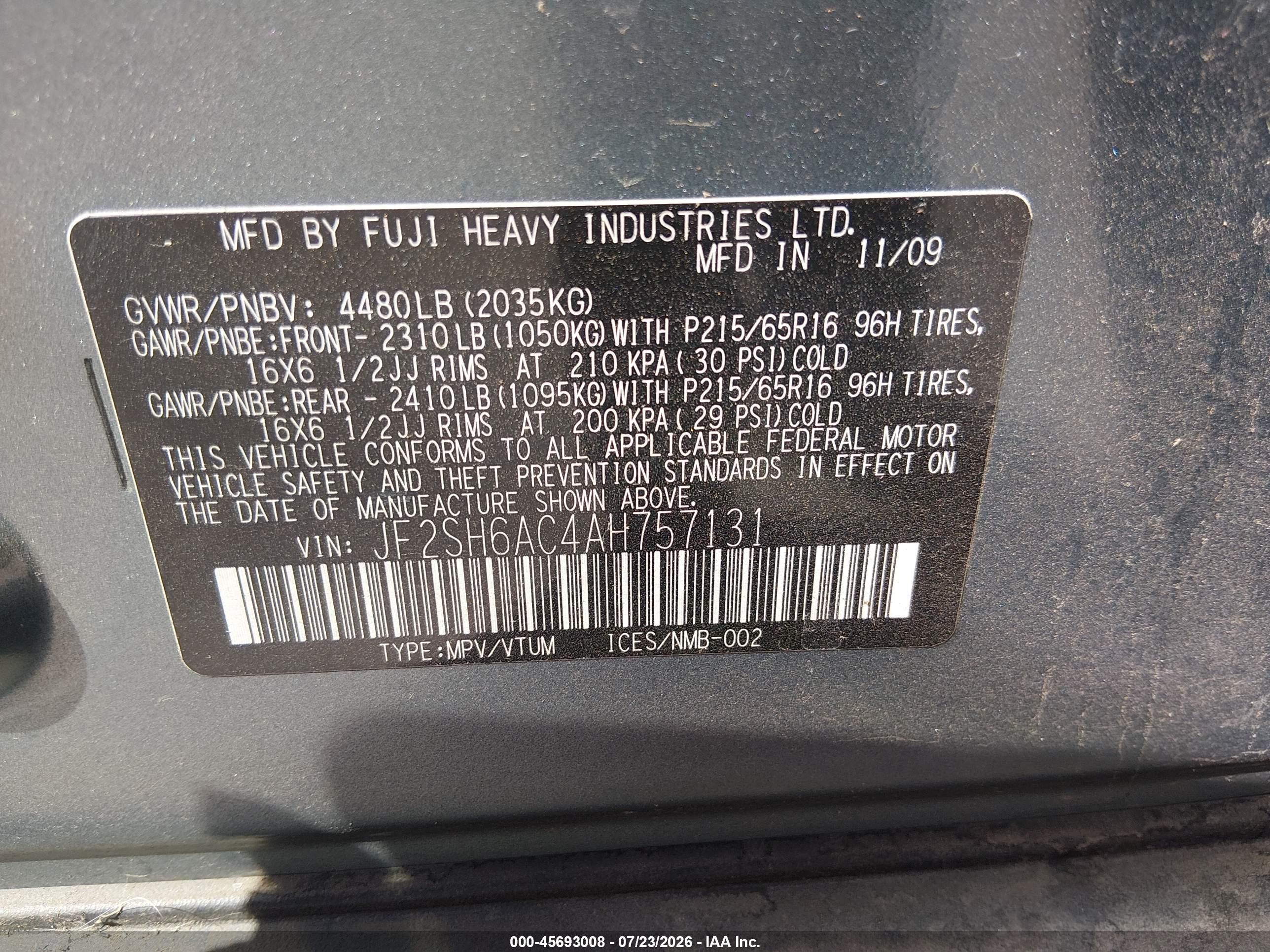 2010 Subaru Forester 2.5x Light Blue vin: JF2SH6AC4AH757131