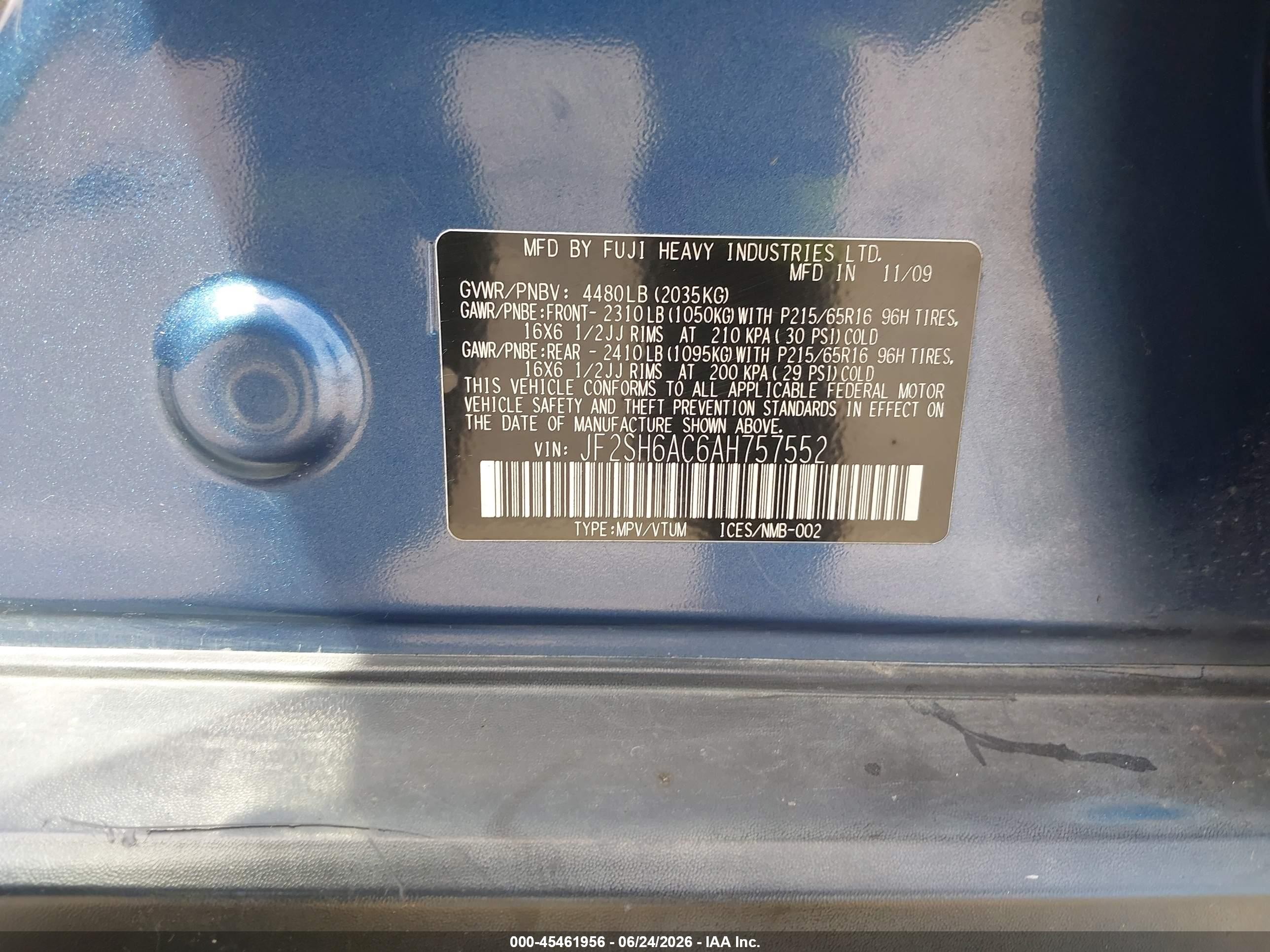 2010 Subaru Forester 2.5x Blue vin: JF2SH6AC6AH757552