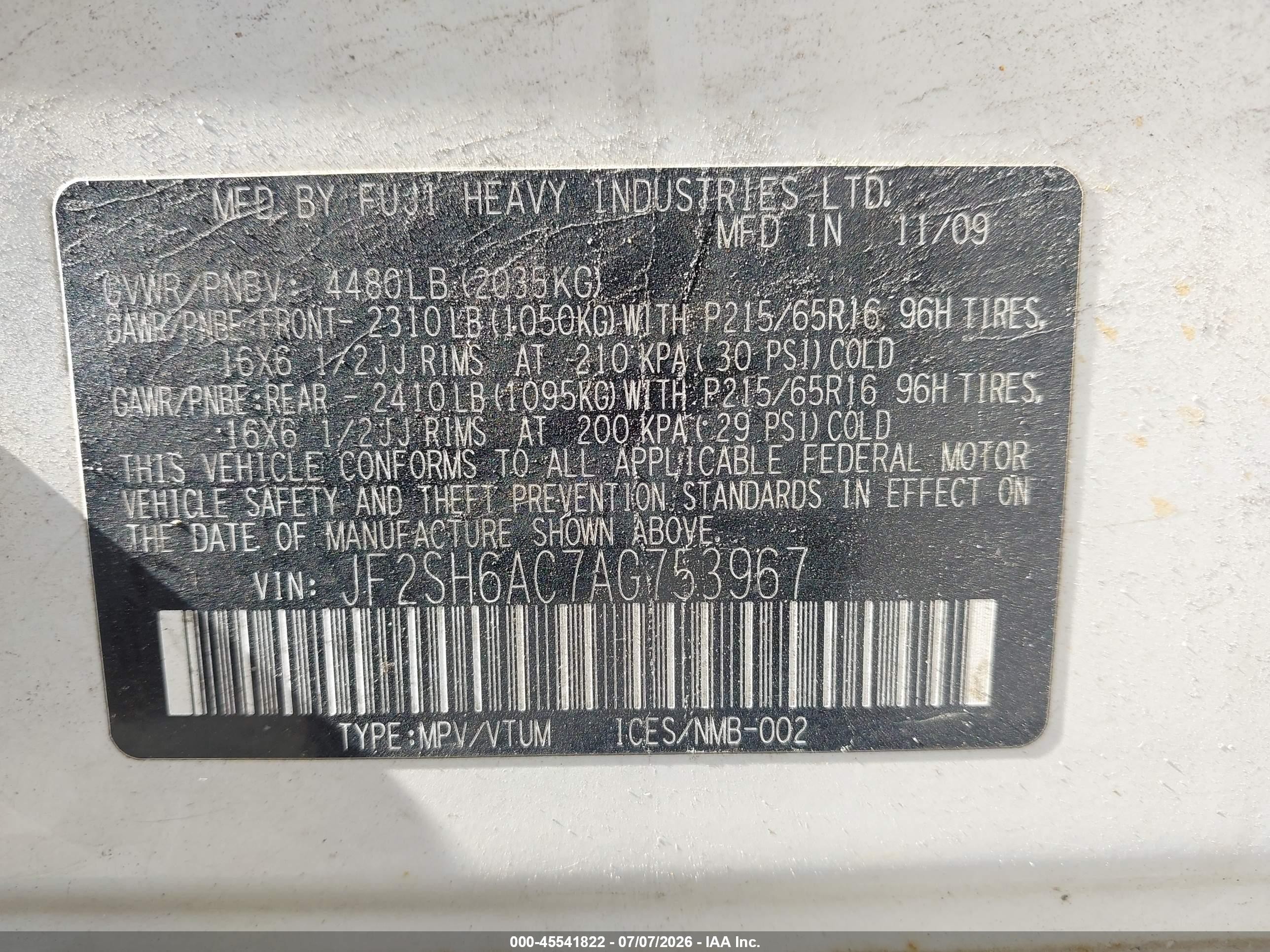 2010 Subaru Forester 2.5x Cream vin: JF2SH6AC7AG753967