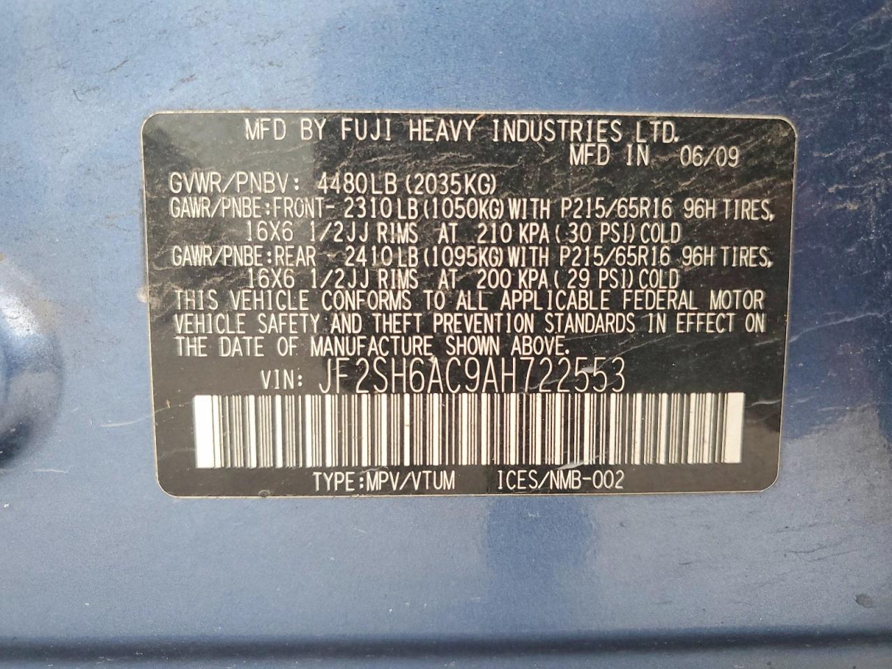 2010 Subaru Forester 2.5x Blue vin: JF2SH6AC9AH722553