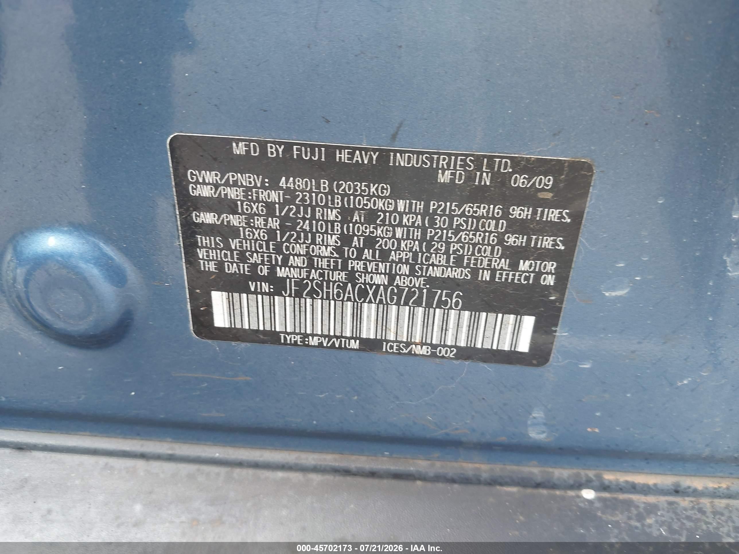 2010 Subaru Forester 2.5x Blue vin: JF2SH6ACXAG721756