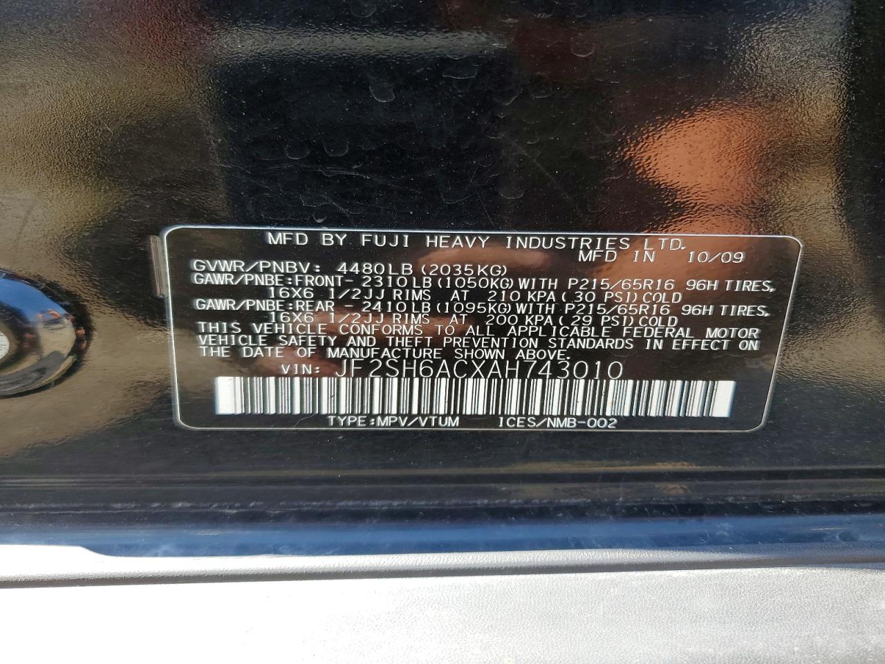 2010 Subaru Forester 2.5x Black vin: JF2SH6ACXAH743010