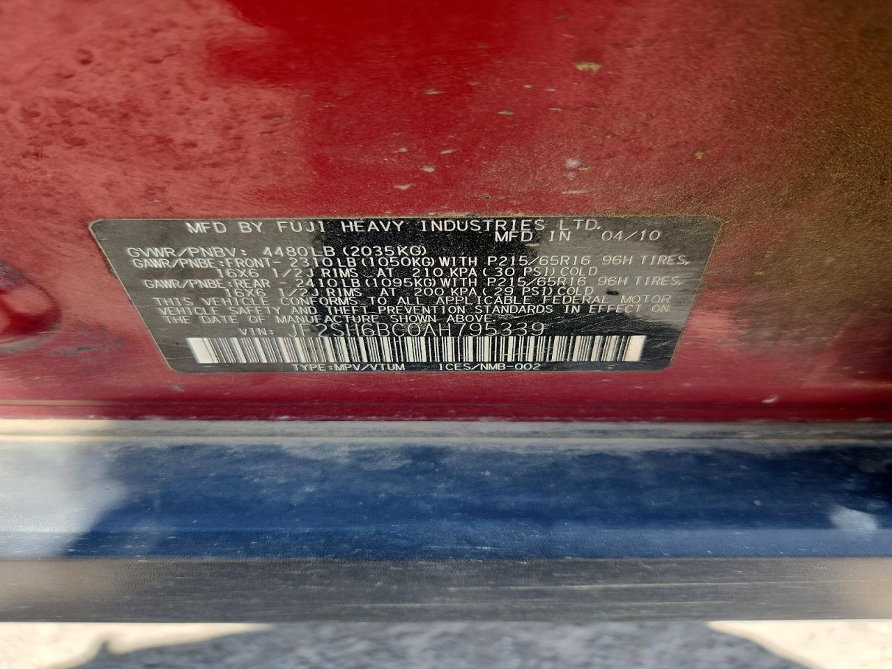 2010 Subaru Forester Xs Burgundy vin: JF2SH6BC0AH795339