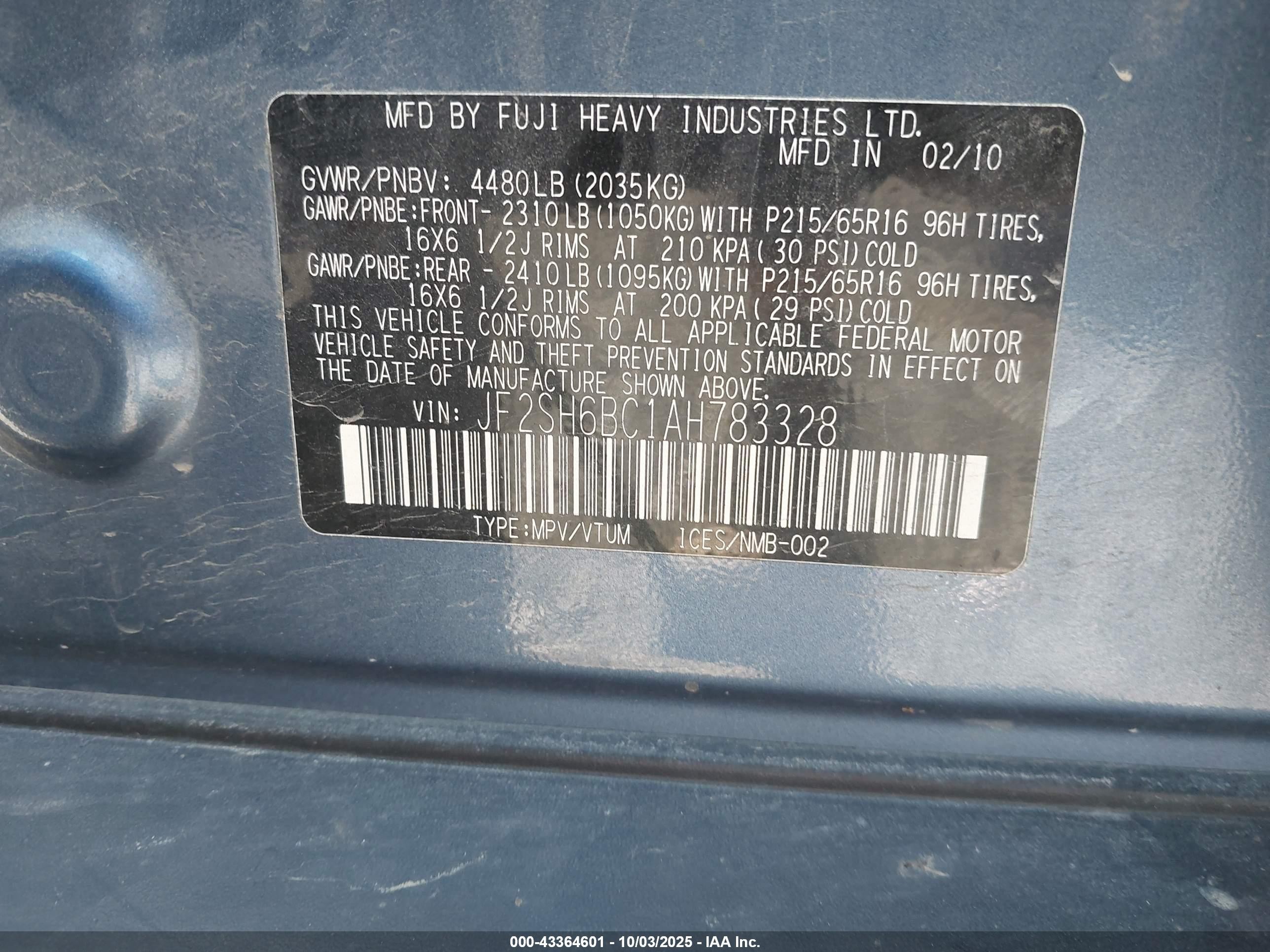 2010 Subaru Forester 2.5x Blue vin: JF2SH6BC1AH783328